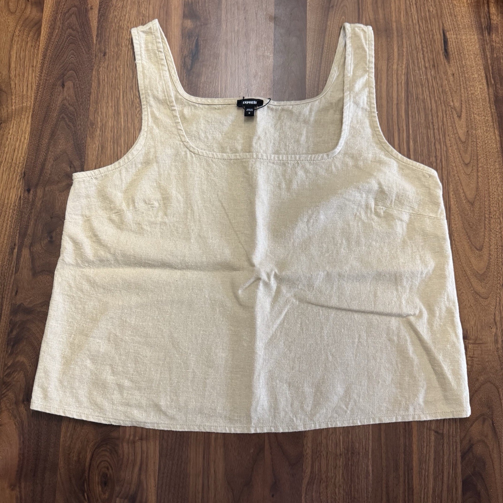 NWT Express Linen Blend Cropped Tan Beige Square Neck Summer Tank Top Size S