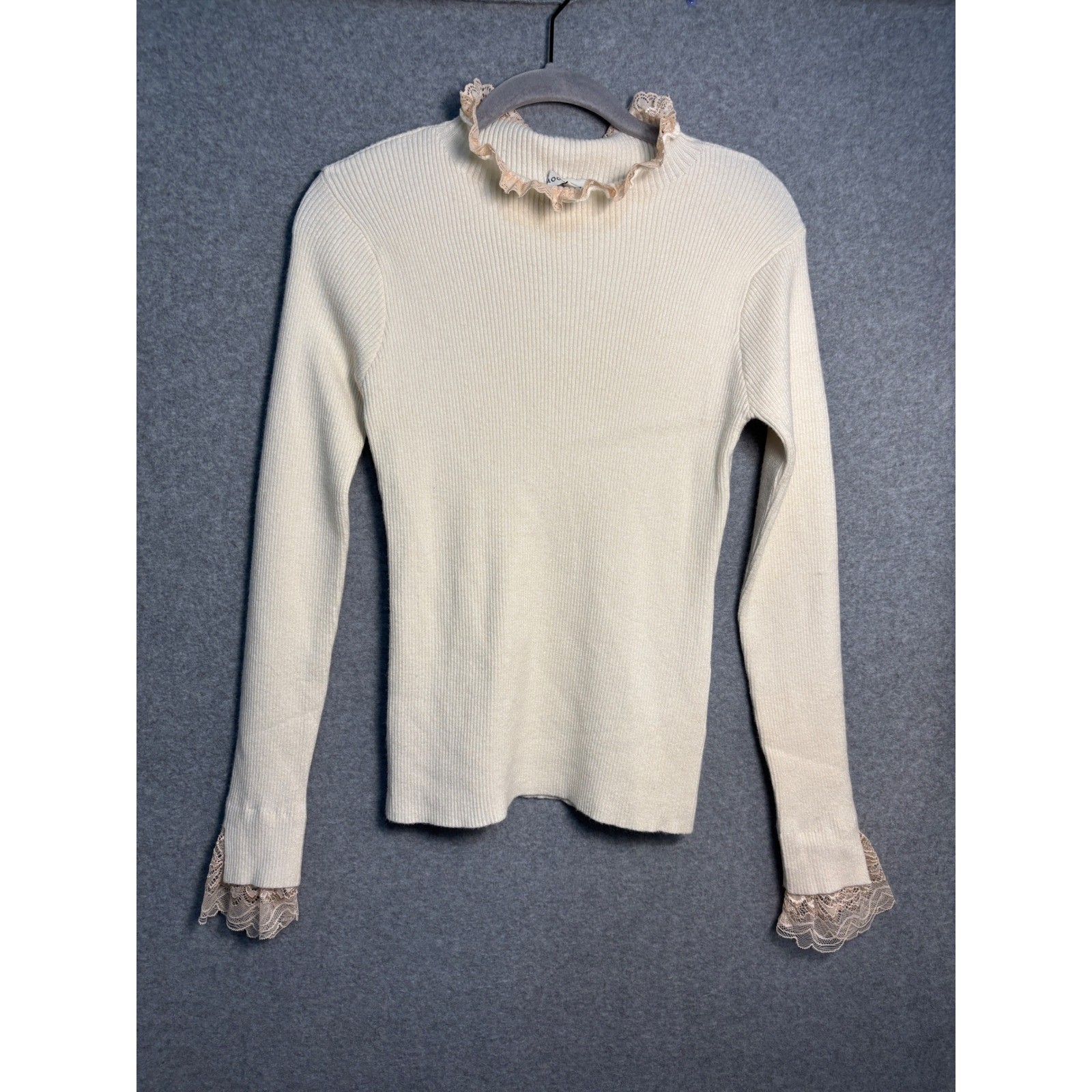 Moon River Lace Trim Rib Knit Sweater Top M Ivory Mock Neck Romantic Coquette