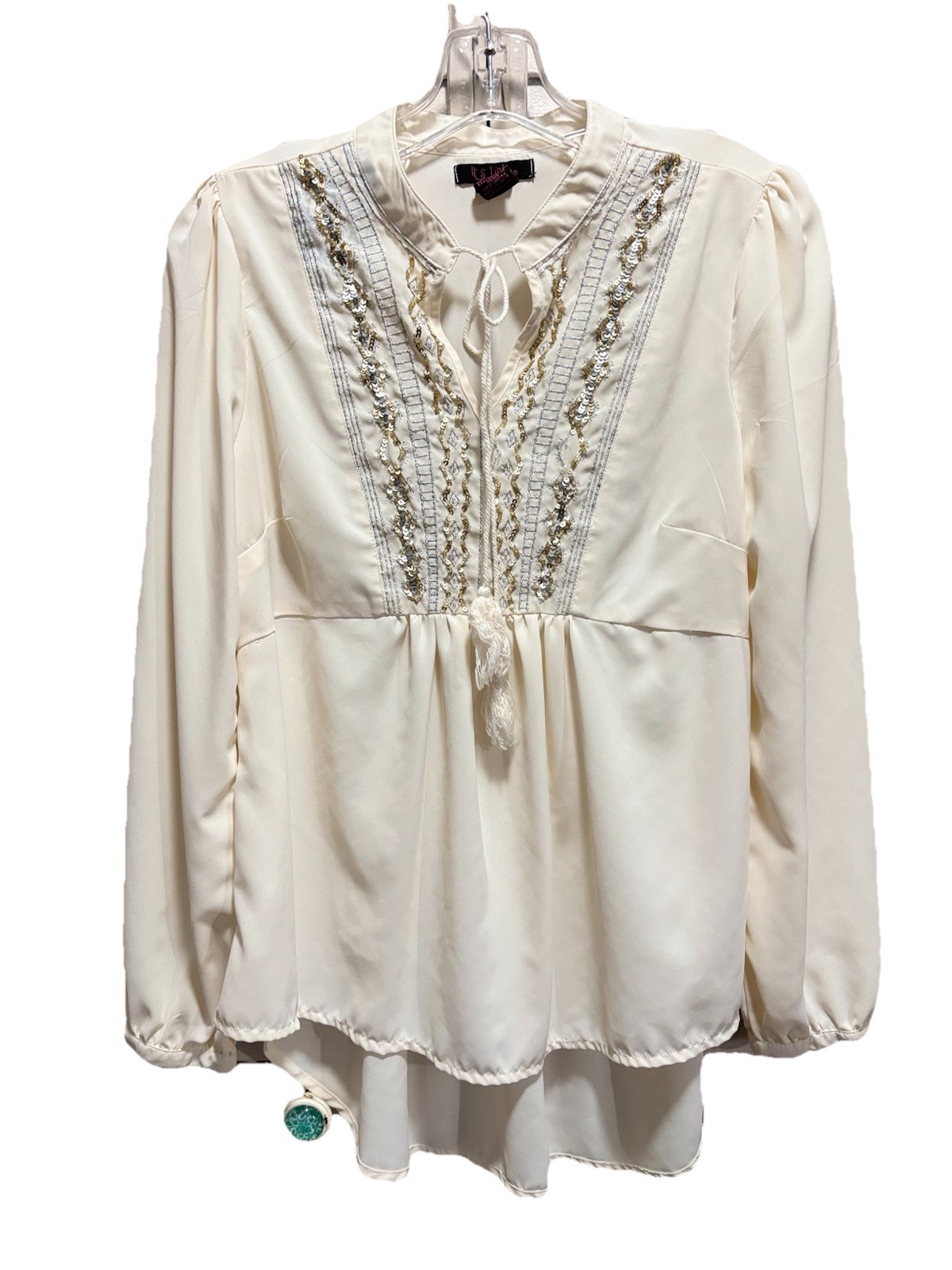 It’s Pink Chiffon Cream Tie/Tassel Neck Blouse Size M Long Sleeve Sequin Metalli