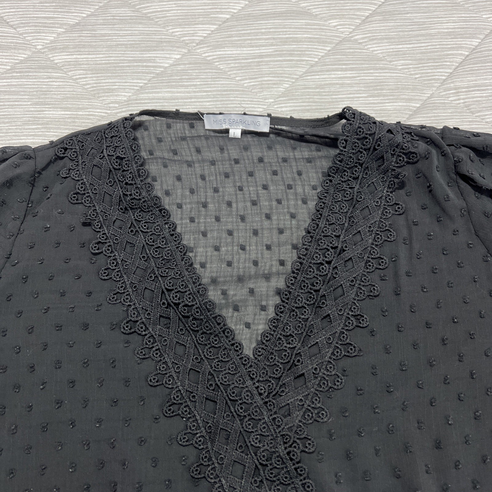 Miss Sparkling Top Shirt Womens Large Black Lace Back Sheer V-Neck Textured
