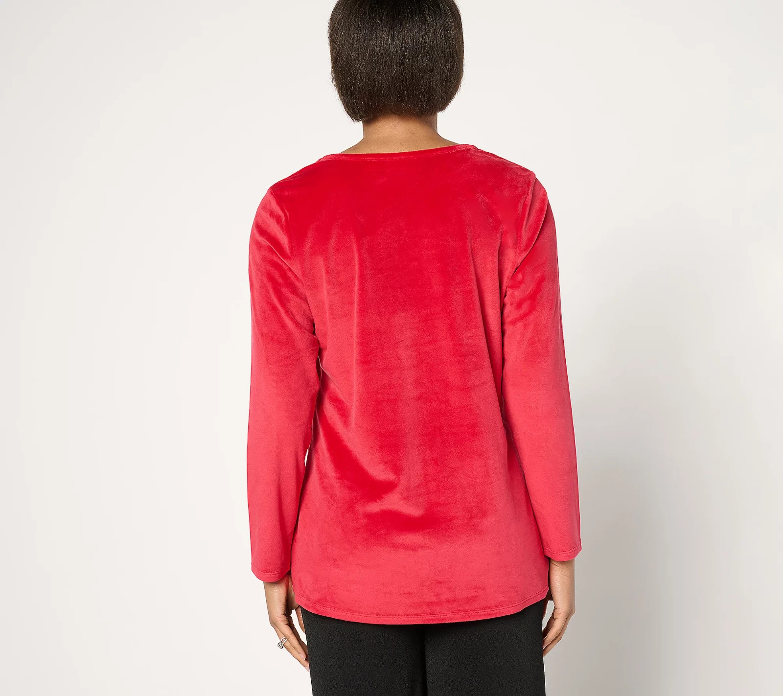 Quacker Factory Sparkle & Shine Split Neck Long sleeve Velour Tunic Ruby, L 828G