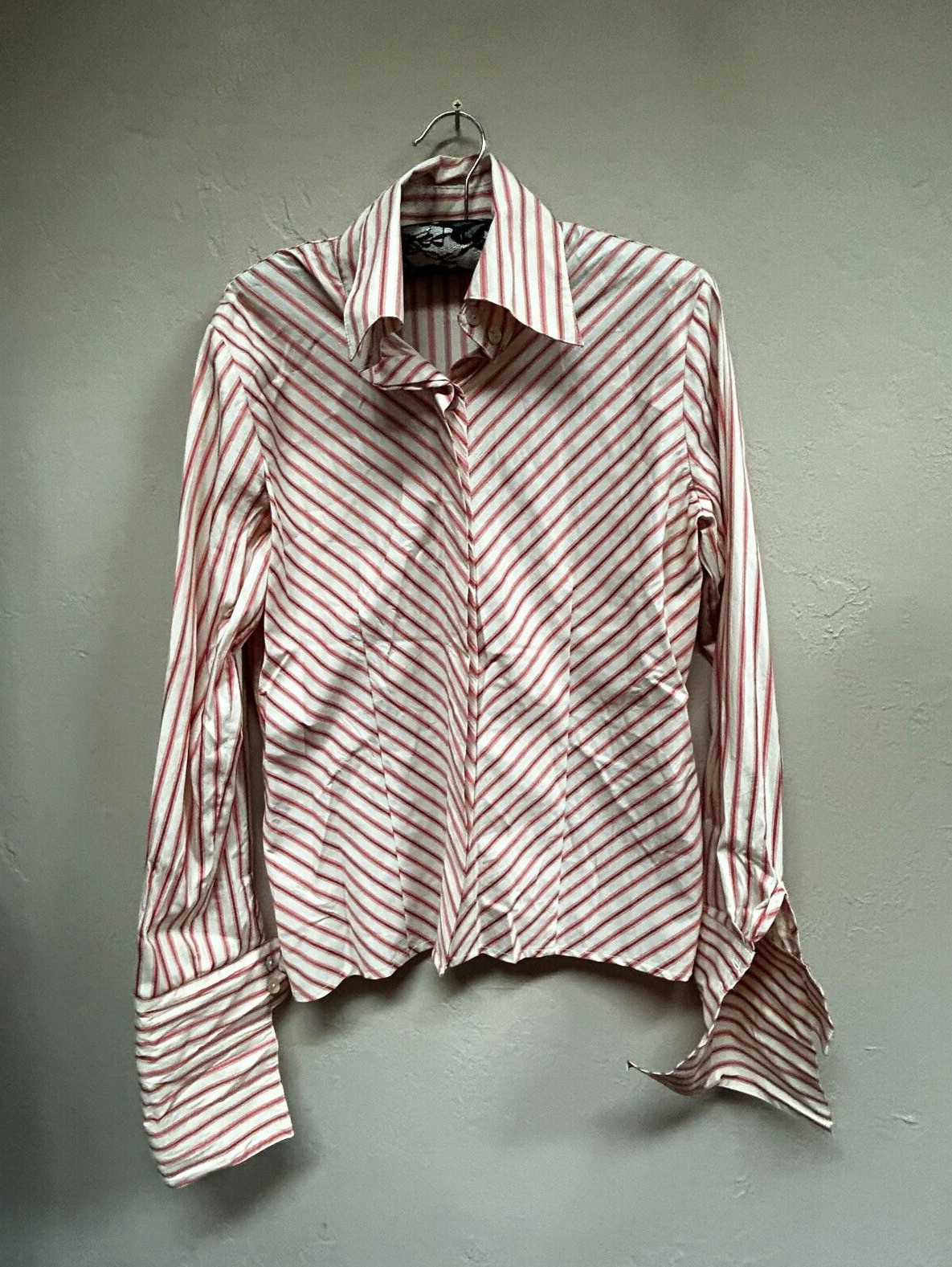 Farinaz Taghavi Women’s Button Up Striped Shirt Top Size 8 Red Ivory Long Sleeve