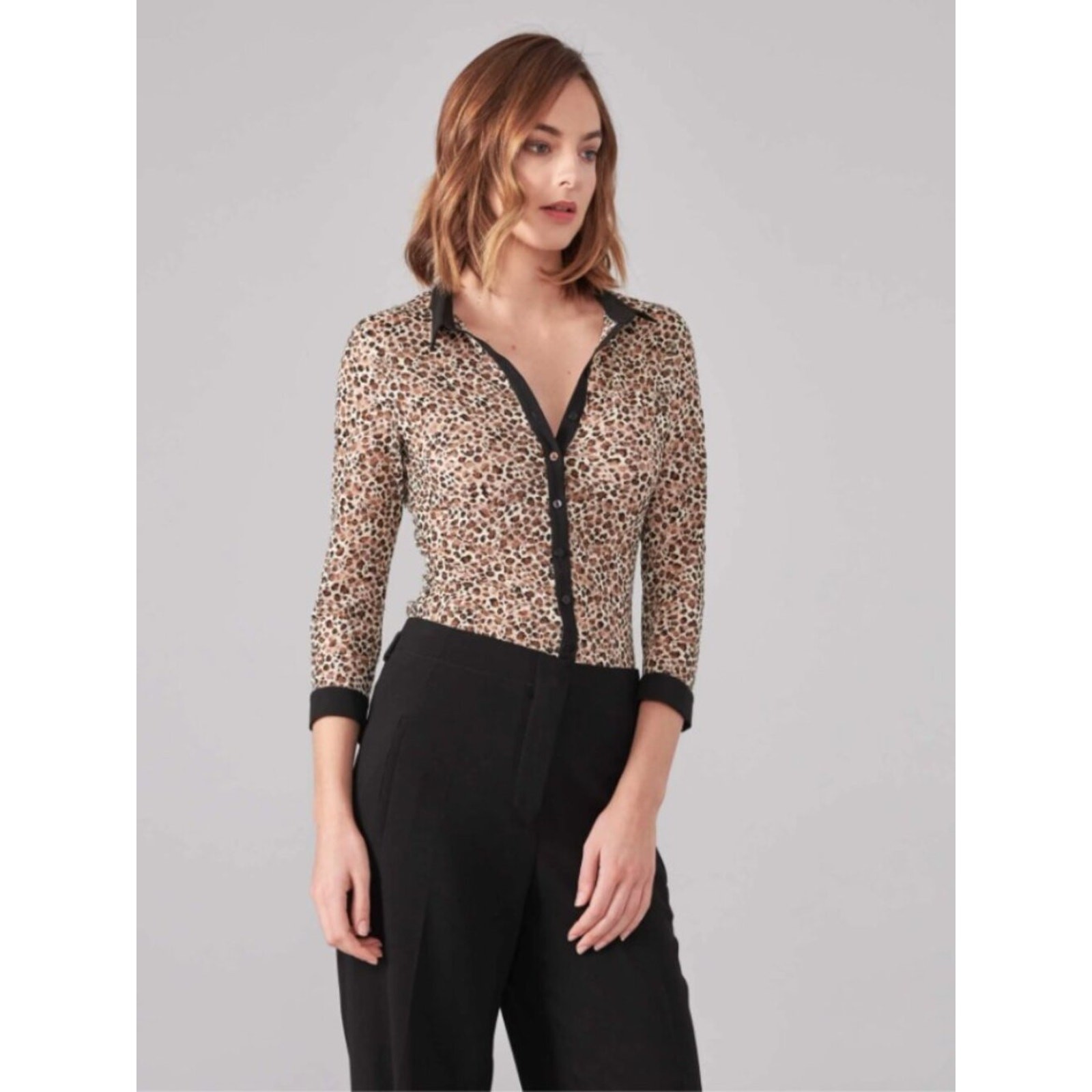 Anne Fontaine Pyla Blouse US 6 EU 40 Cheetah Print Mesh Black Sheer Button Top