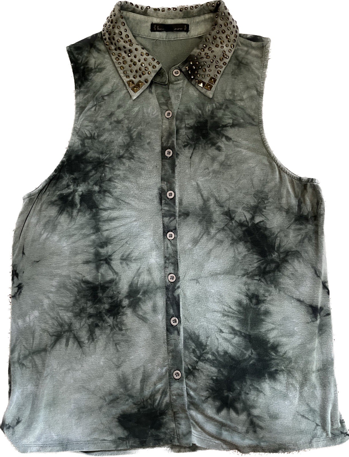Lucca Couture Green Tie Dye Studded Collar Button Down Tank Top Women’s Medium