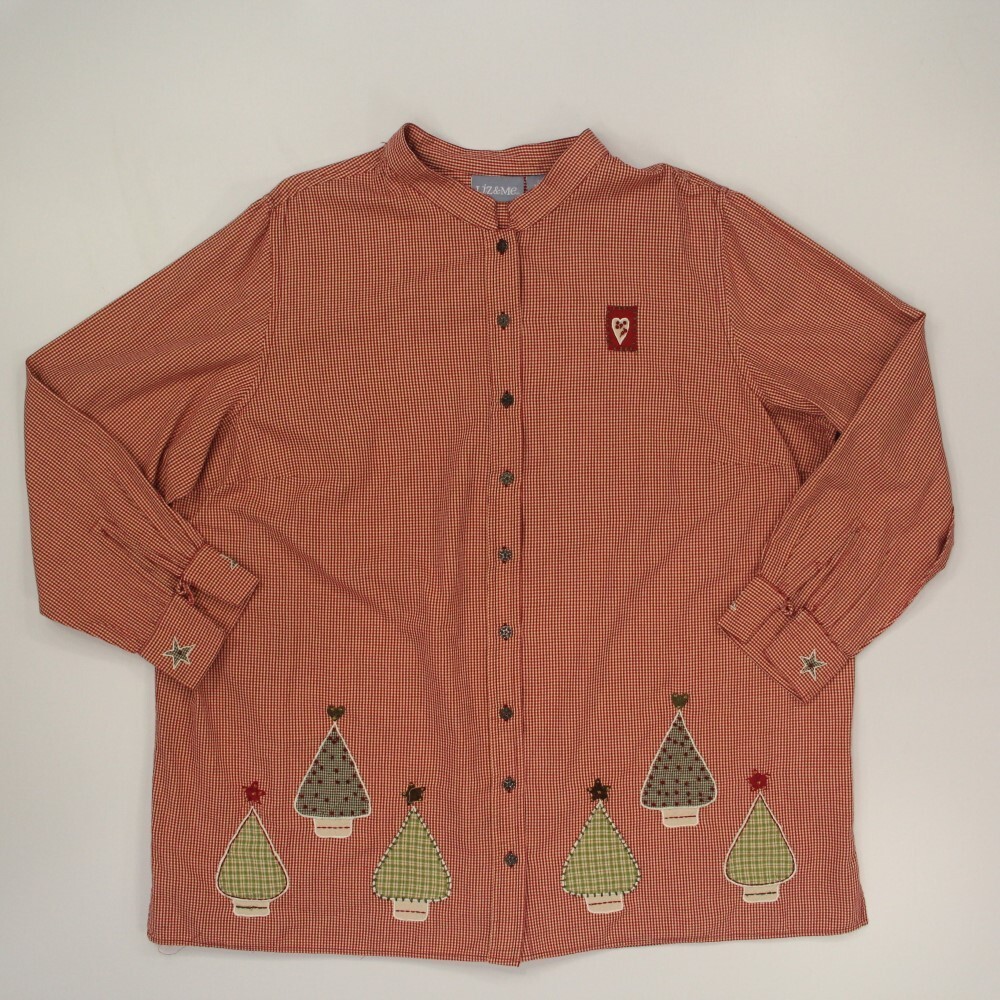 Liz & Me Women’s Christmas Primitive Beaded Shirt Plus Size 2X Red Gingham Check