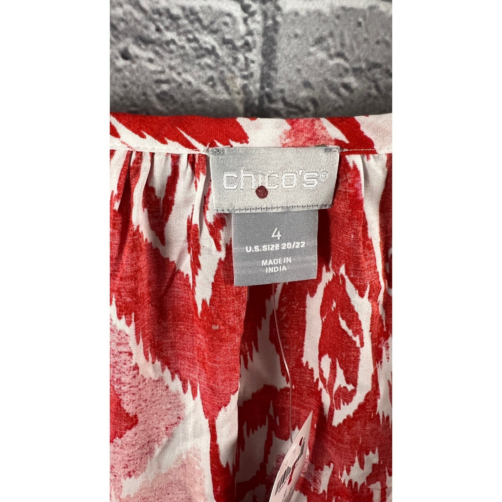 Chico’s Popover Top Womens 4 20 Red White Ikat Flare Tassel Long Sleeve Blouse