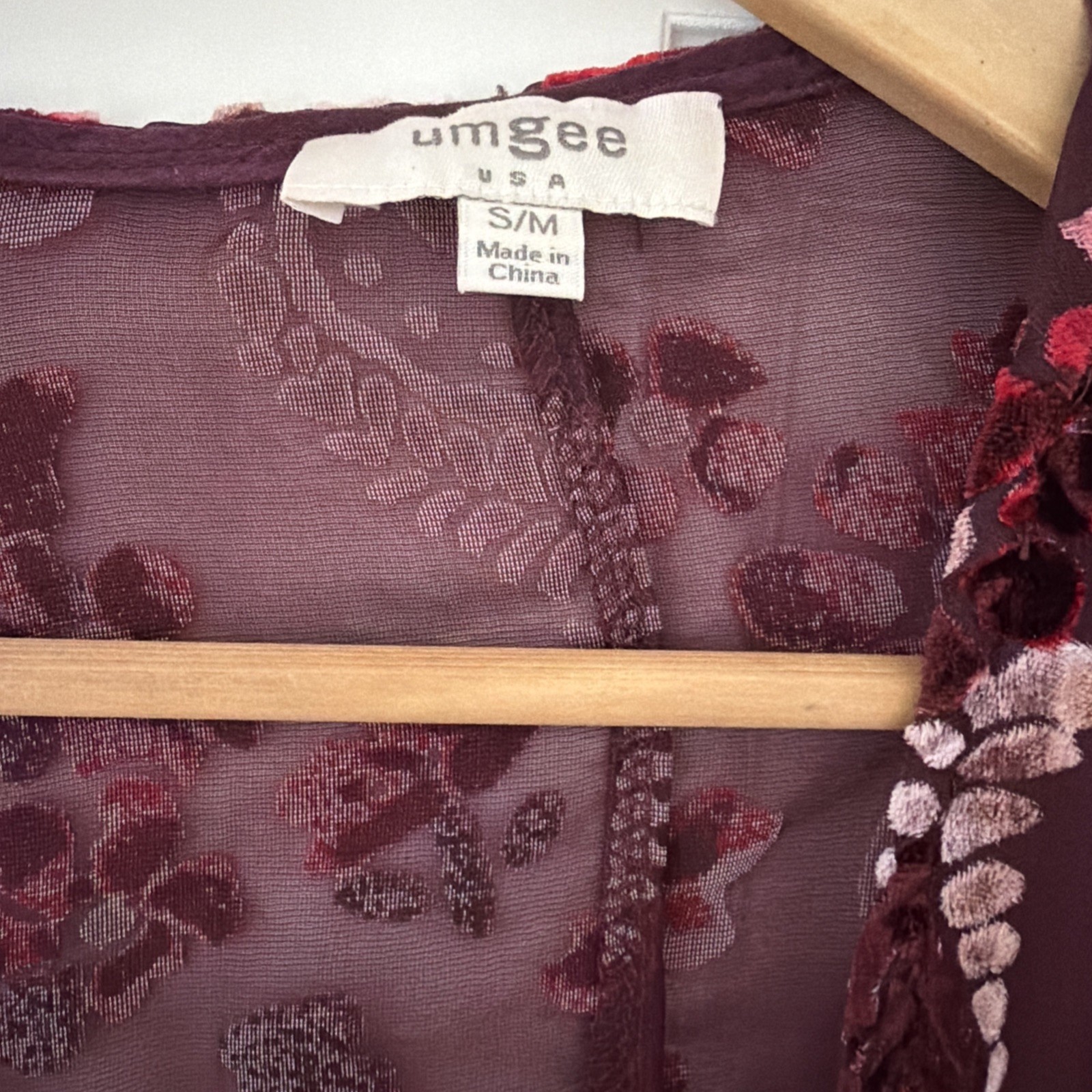 Umgee USA Velvet Burnout S M Floral Kimono Duster Burgandy Flowy Boho Fairy