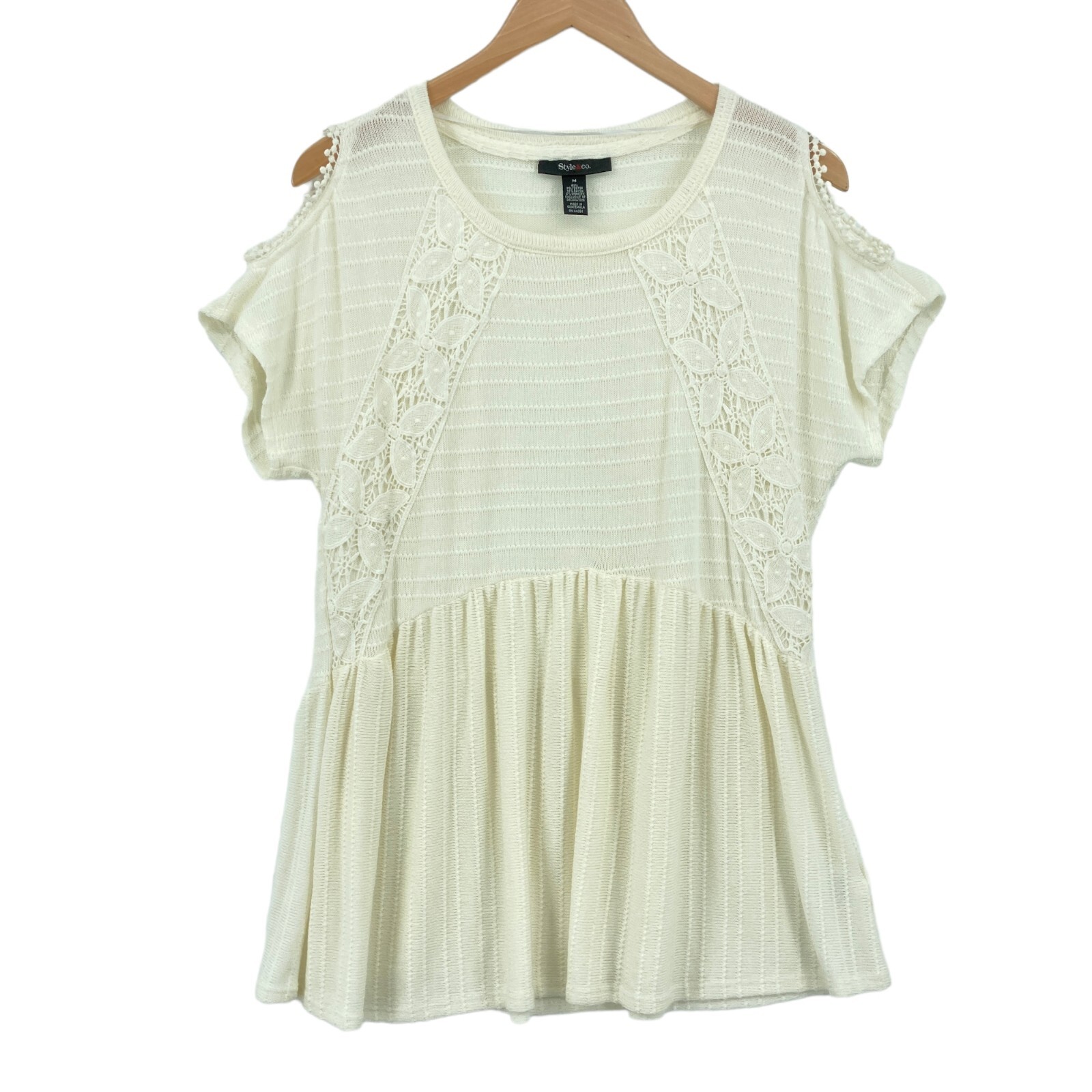 Style&co. Blouse Top Women Medium Cream Knit Short Cold Shoulder Sleeve Pullover