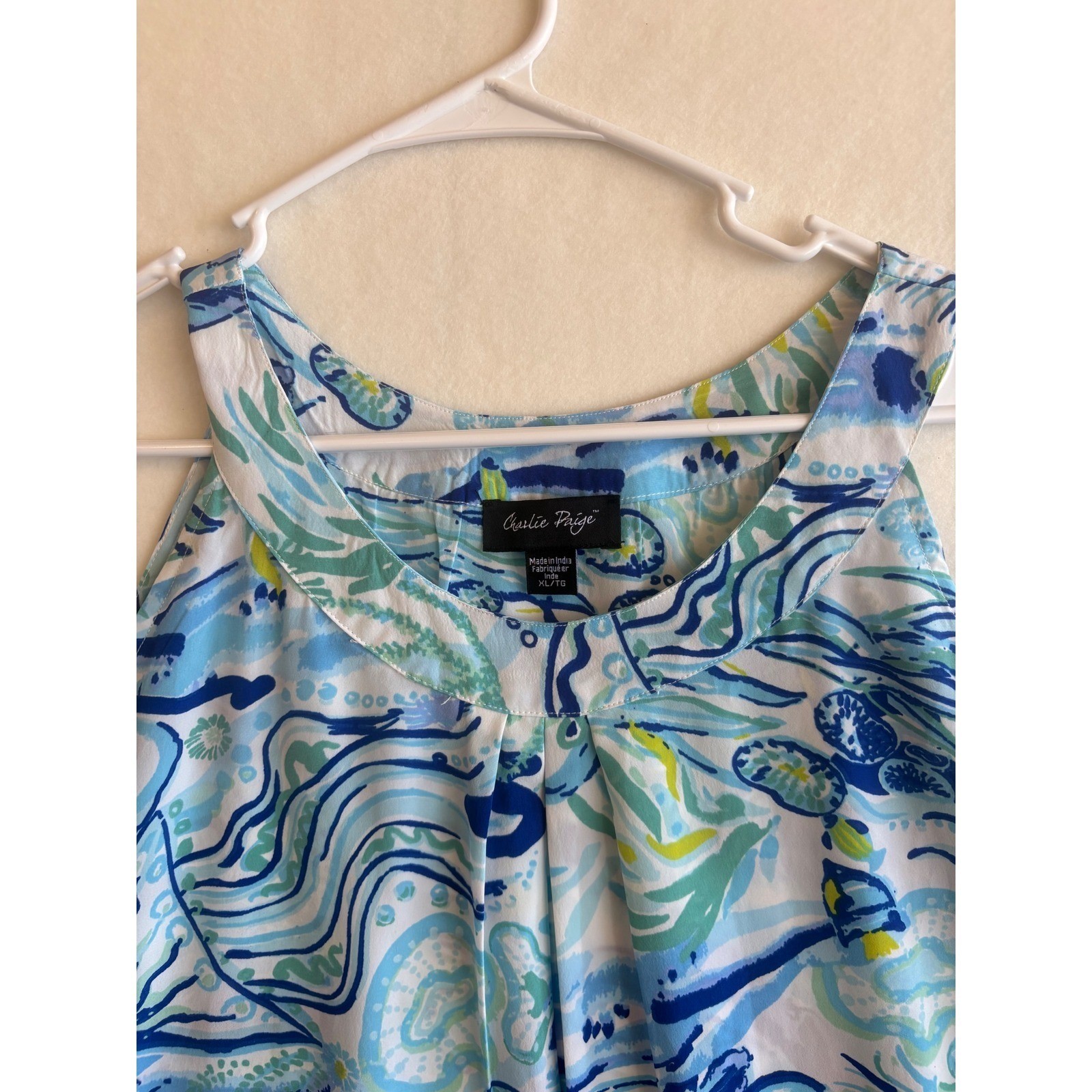 Charlie Paige Blue Green Ocean Print Halter Neck Sleeveless Blouse dress XL
