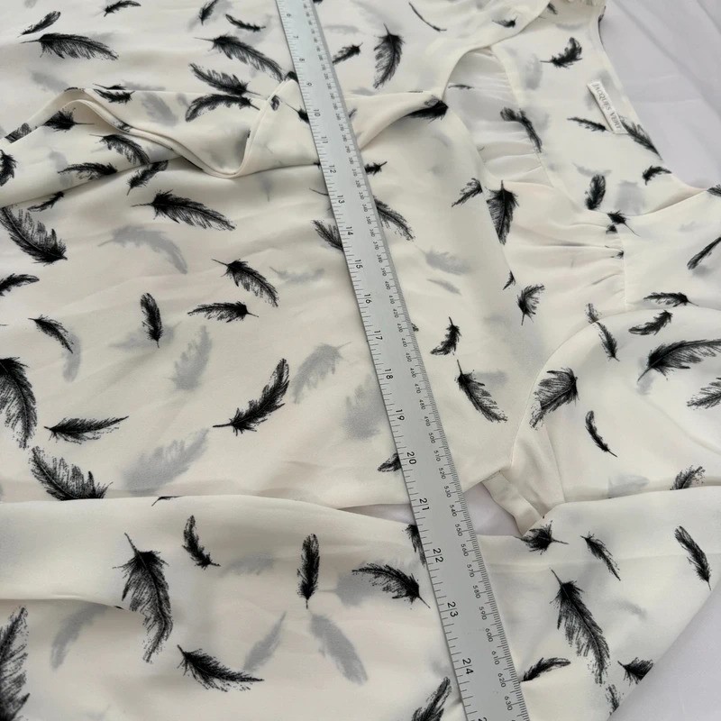 Jacques Vert Blouse UK 14 White Black Feather Print Long Sleeve V Neck