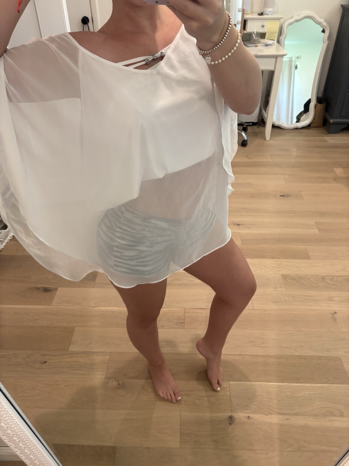 Women’s White Sheer Chiffon Batwing Sleeve Boat Neck Pullover Blouse Top S