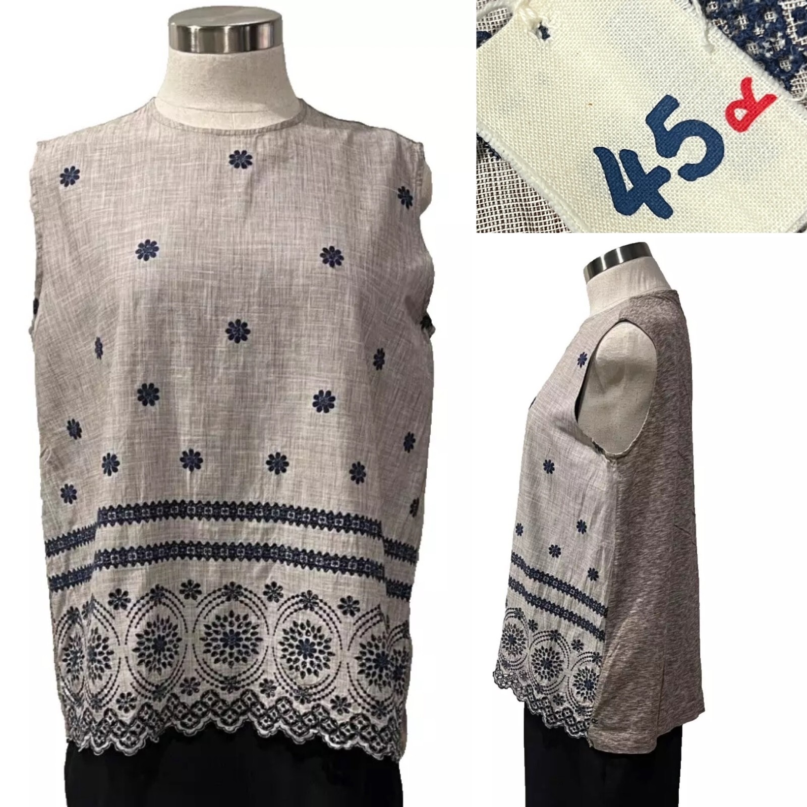 45 R JAPAN Handmade Pale Brown Yarn Dye Cotton Top, Navy Broderie Anglais 4/L