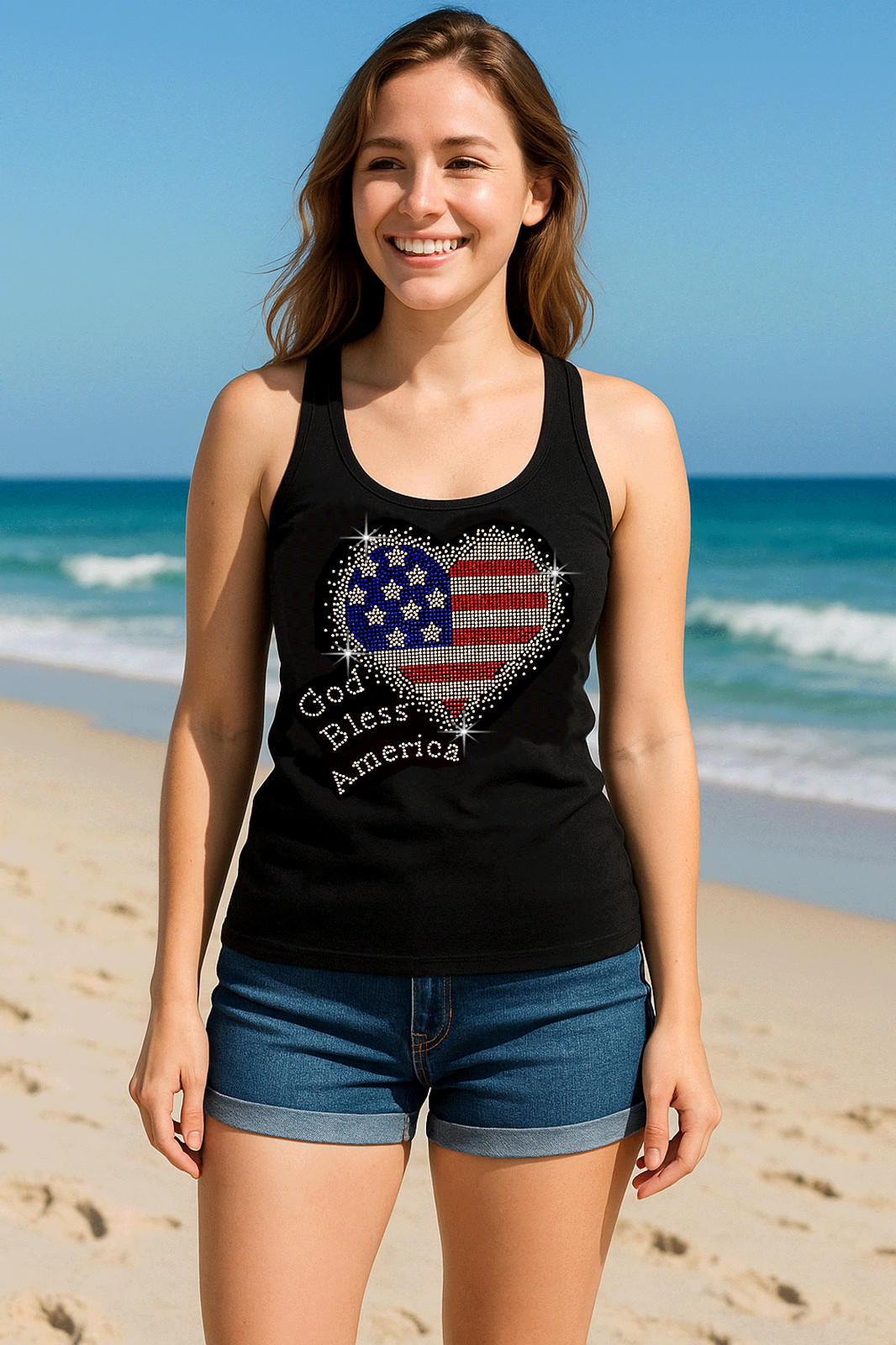 4th of July American USA Hearts Patriot, Women’s bedazzled Tank Top Rhinestone