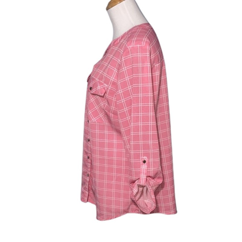 NY Collection Pink 3/4 Long Sleeve Plaid Button Front Top Size Large