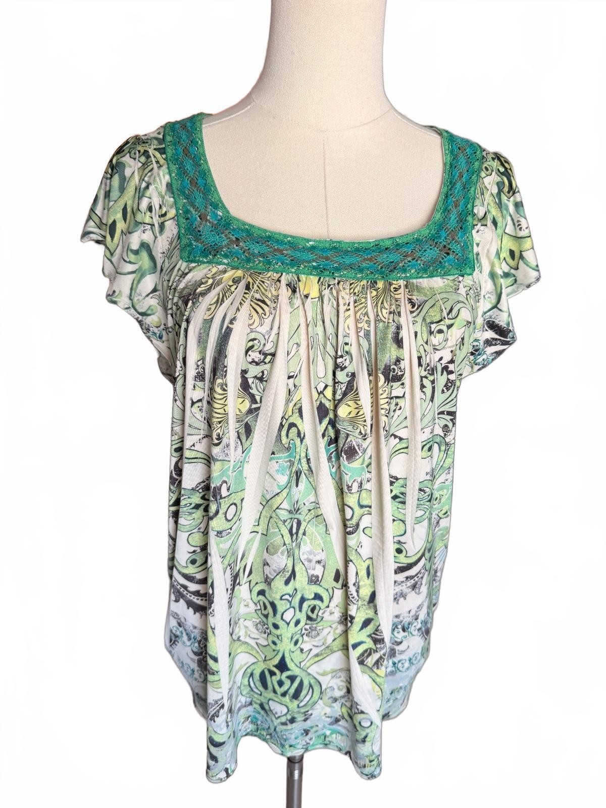 y2k Unity Green Patterned Bohemian Blouse with Crochet Detail