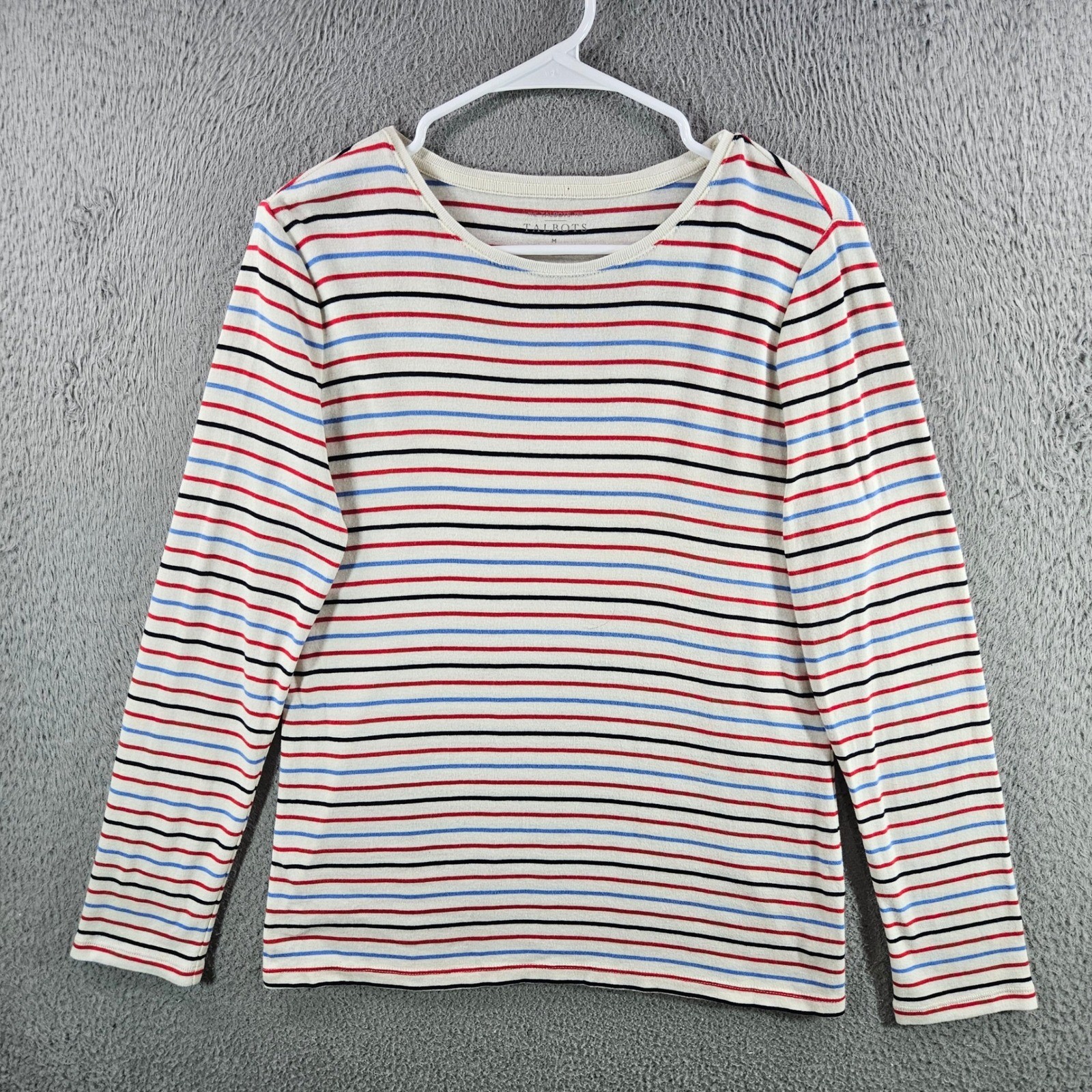 Talbots Womens Striped Long Sleeve Cotton Tee Shirt Red Blue Black White Medium