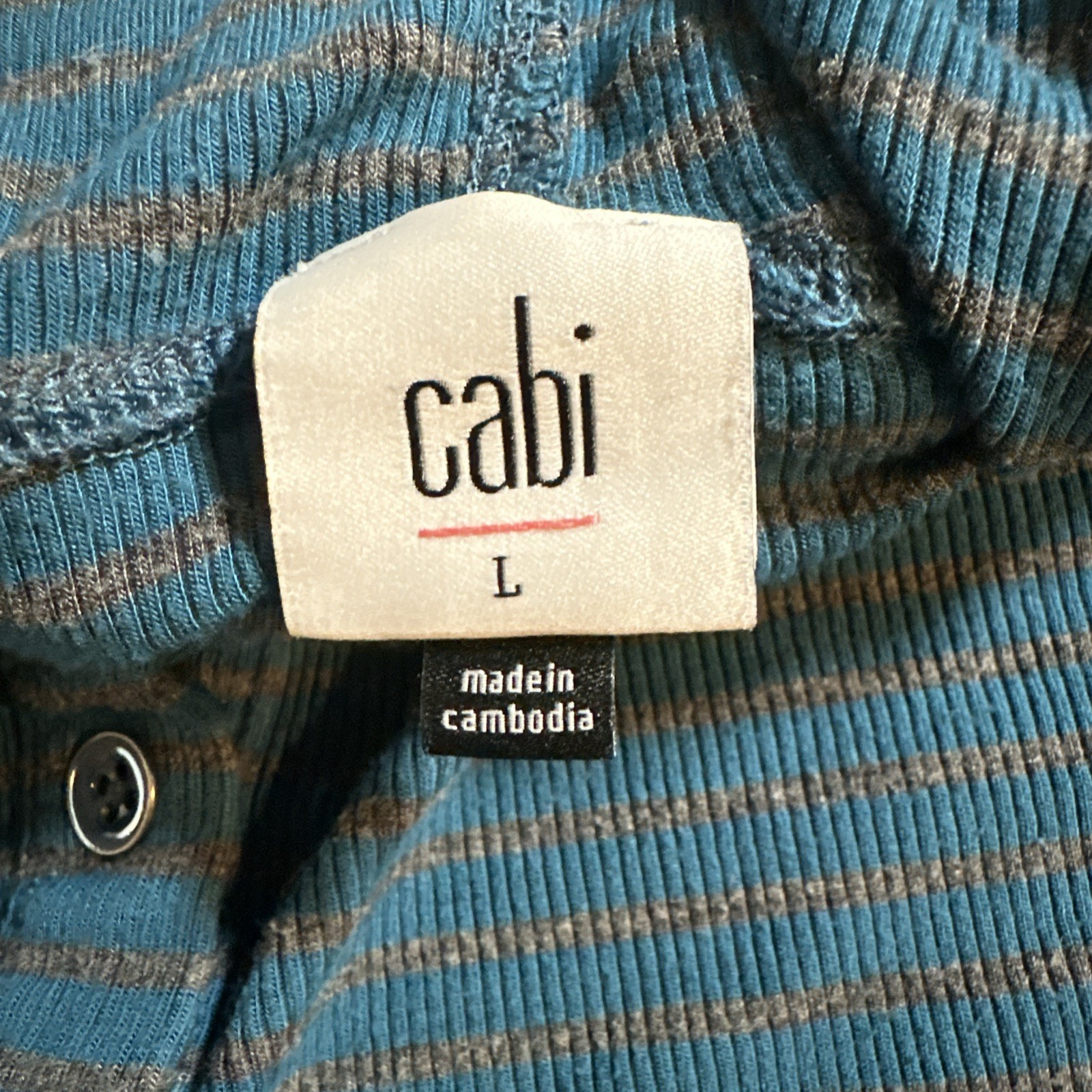 Cabi 4191 Striped Knit Hoodie Womens L Blue 1/4 Button Henley Stretch Thumb Hole