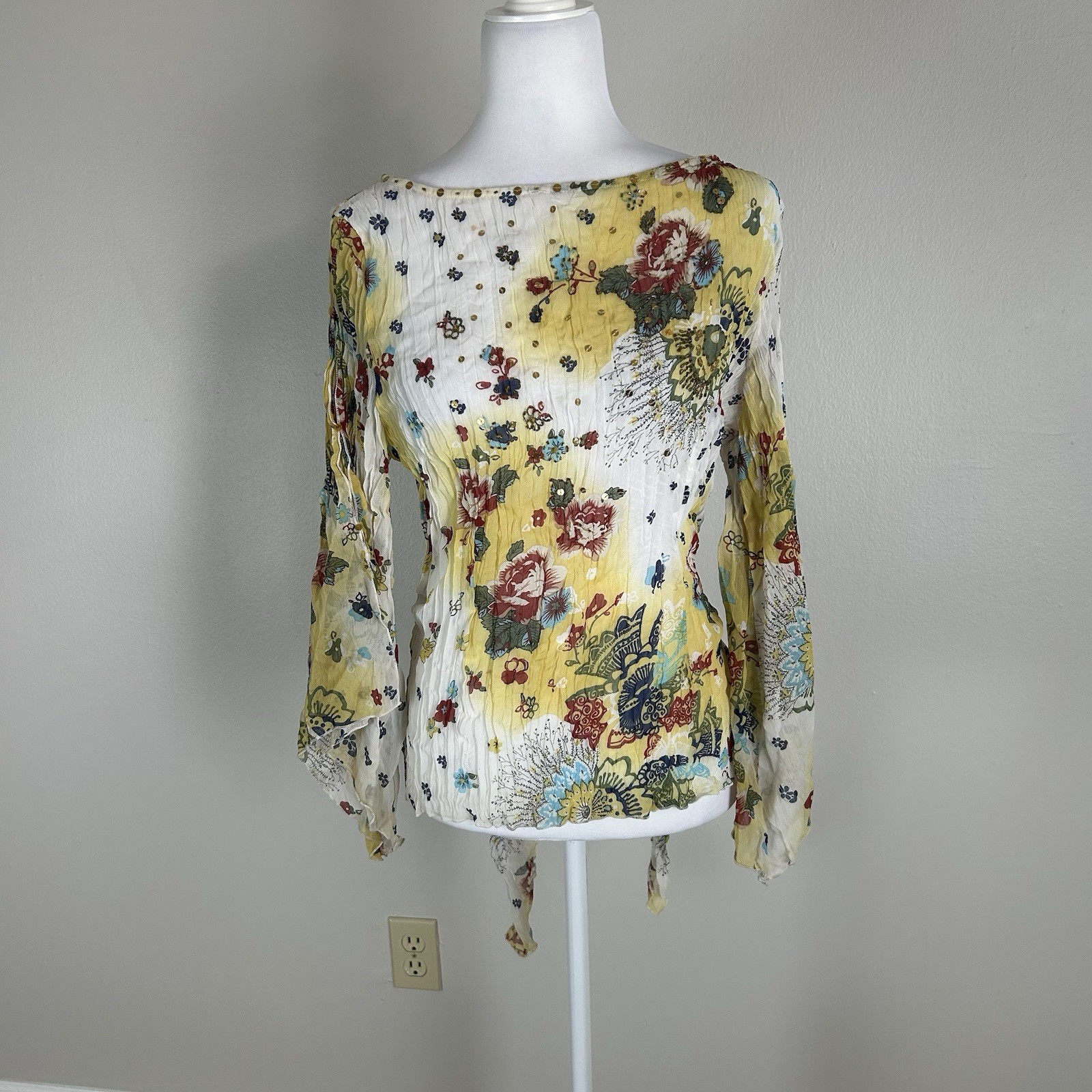 Vintage Pleated Crinkled Flare Sleeve Blouse M/L Whimsy Fairy Sequin Top Y2K