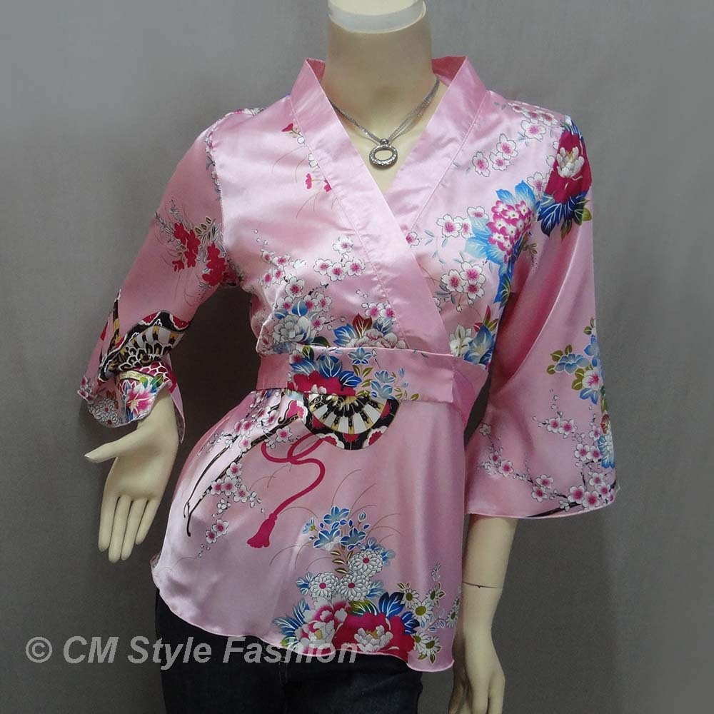 Japanese Kimono Floral Silky Satin Blouse Top Pink S/M/L/XL/2XL/3XL
