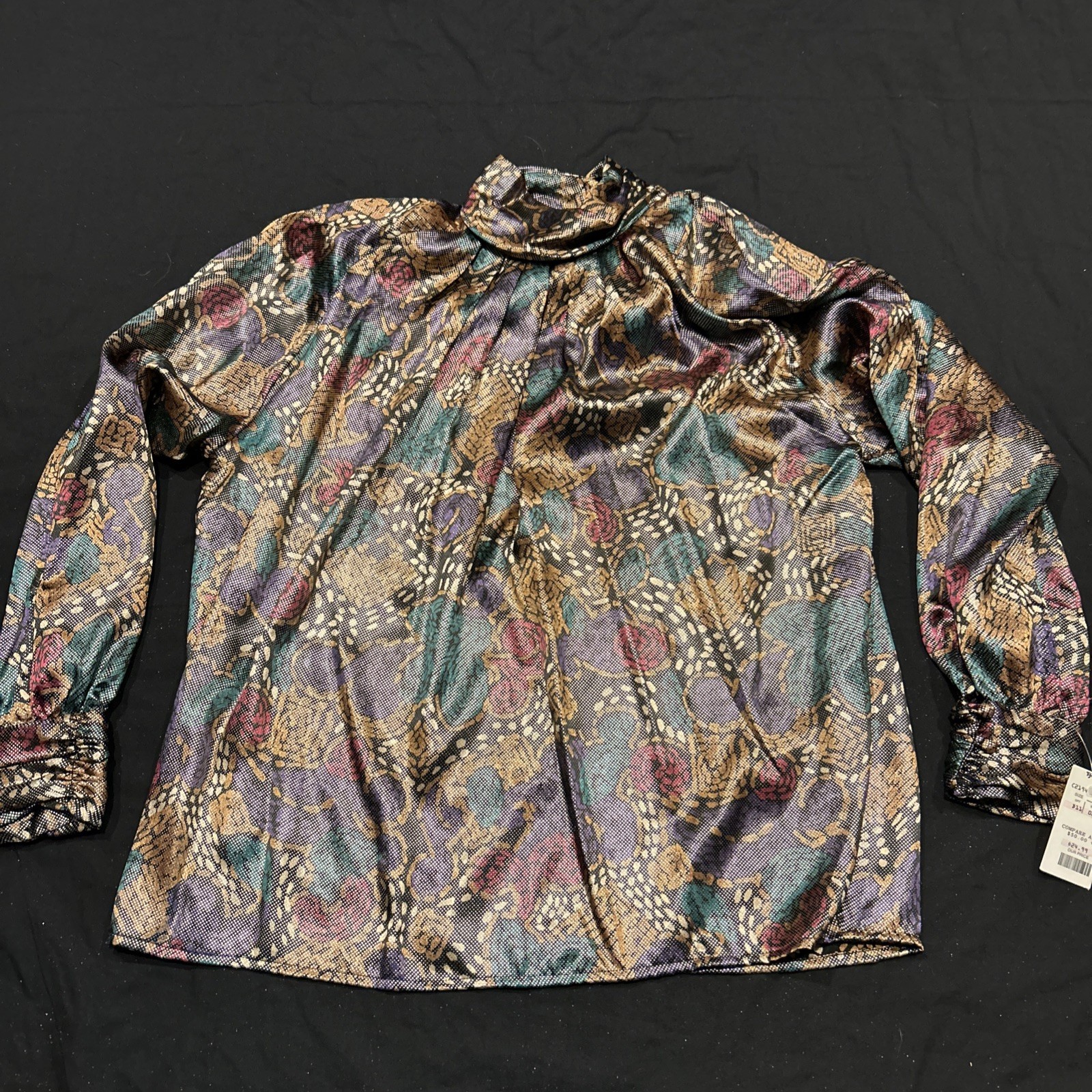Tess VTG Blouse Women Shimmer Multi Color Liquid Satin Buttons Retro Sz 12 A23