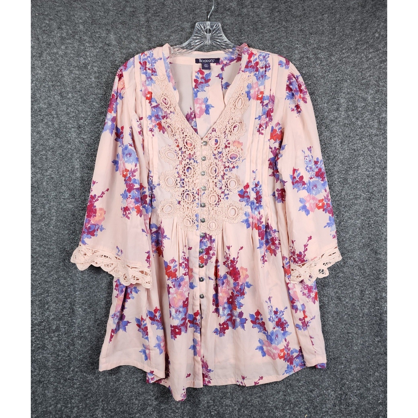 Roaman’s Floral Lace Tunic Women 16W Pink Boho Crochet Button Front Pintuck