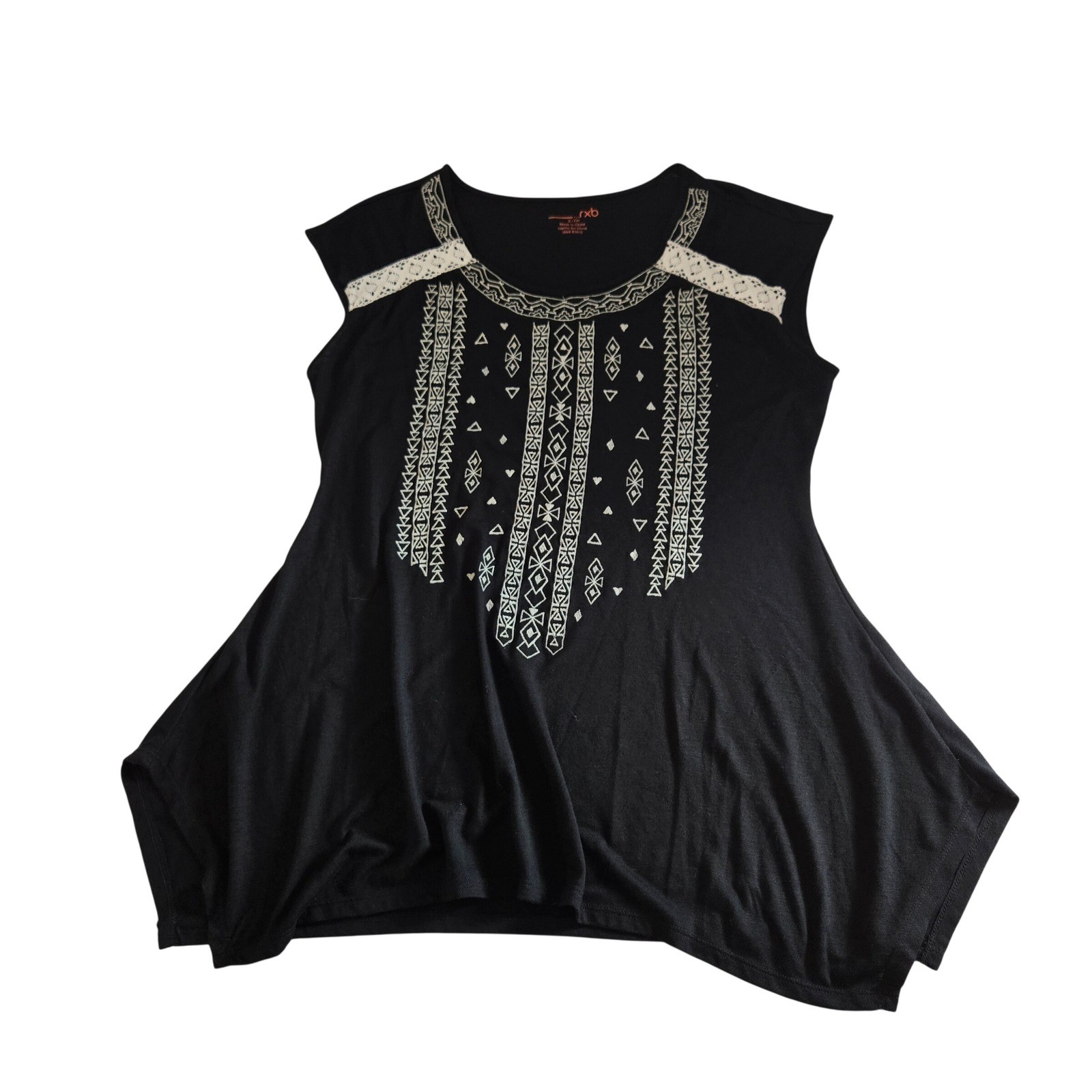 RXB VTG Womens Tunic Black Small Sharkbite Embroidered Crochet Lace Boho Top