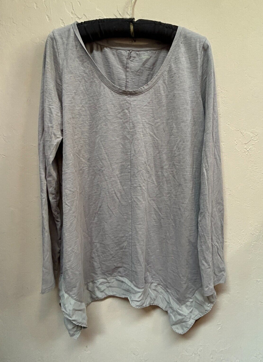 Garnet Hill Mixed-Fabric Slub Knit Silk Asymmetrical Tunic Top Gray Long Sleeve