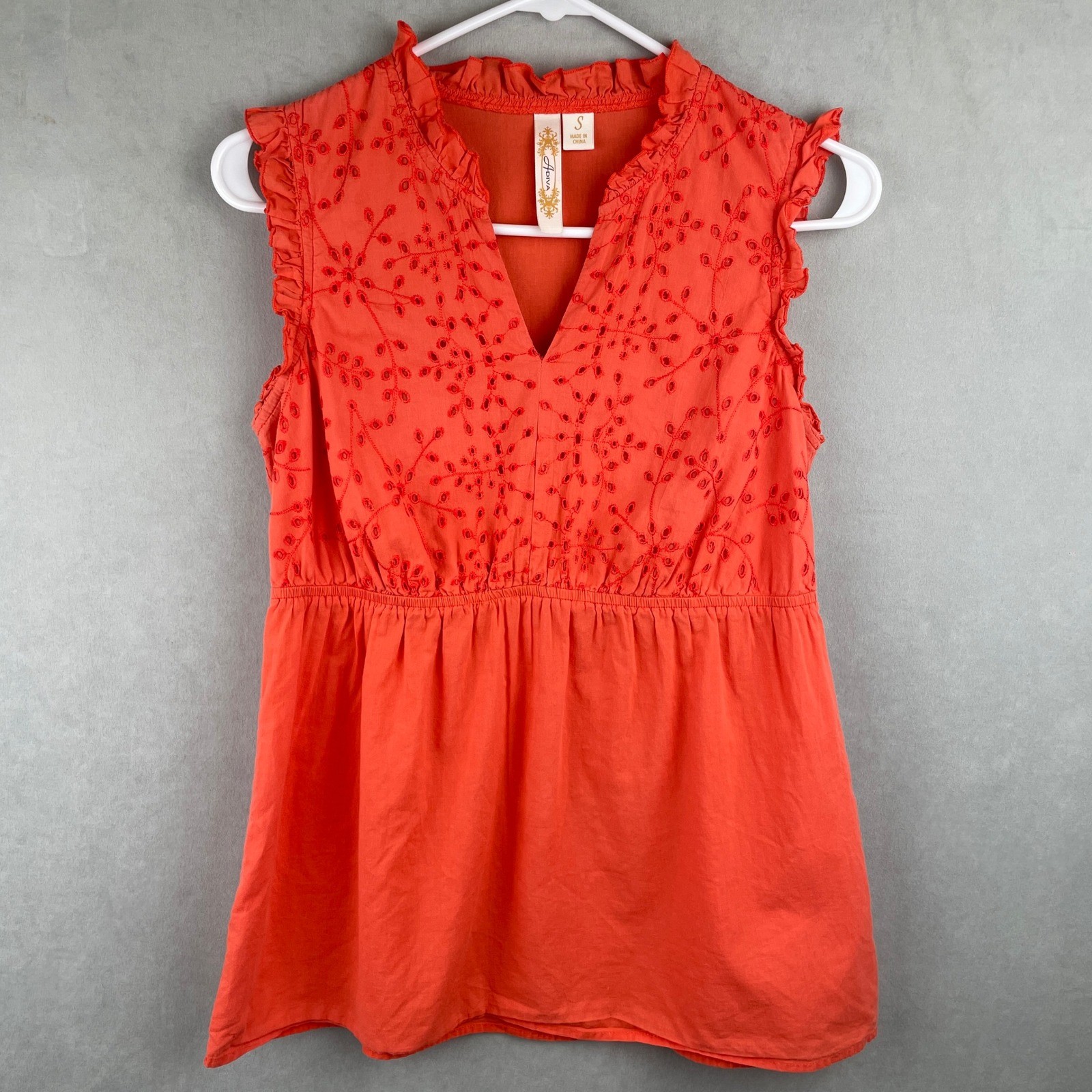 Adiva Orange Cotton Eyelet Ruffle Peplum Sleeveless Cottage Peasant Fairy Top S