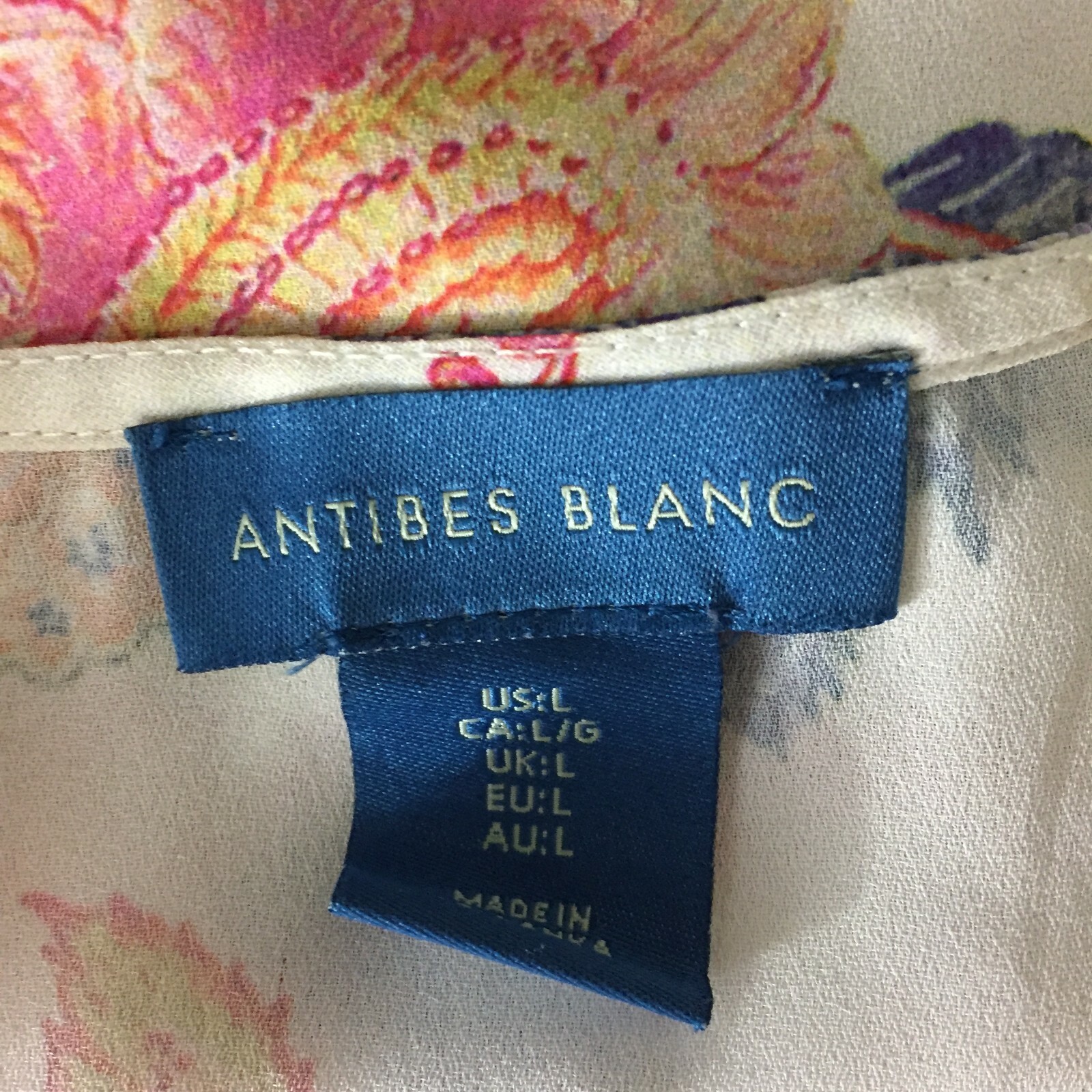 ANTIBES BLANC Womens sz Large White Multi-Color Cold Shoulder Floral Print Shirt
