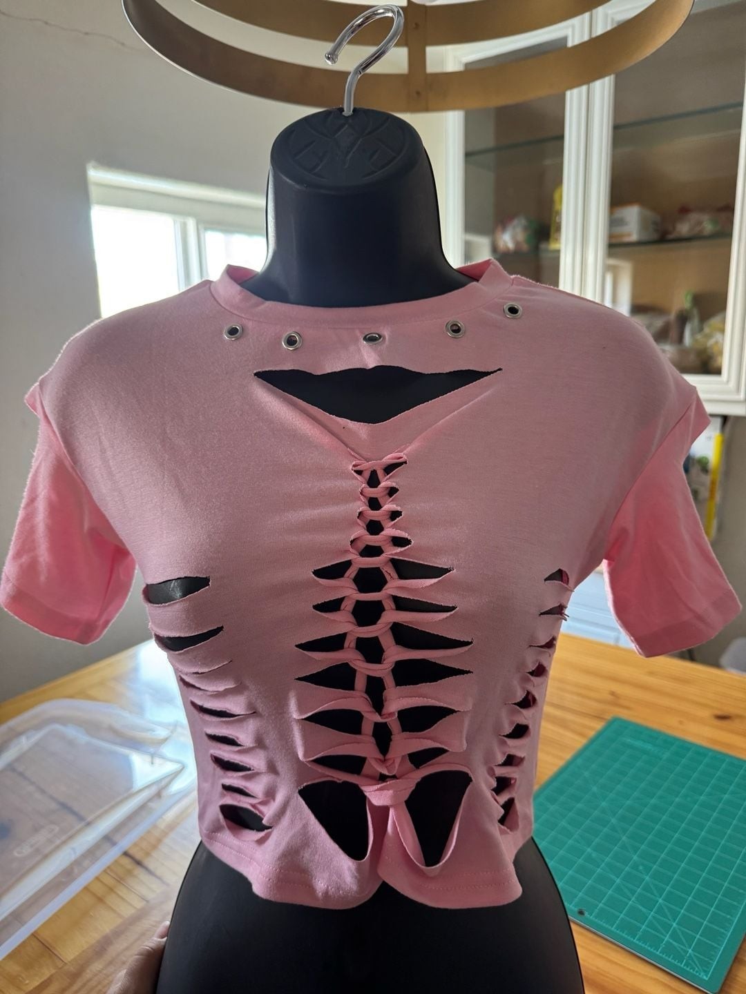 Customized Pink Distressed Grunge Style Cut-Out Crop Top with Gummy Bear Charms