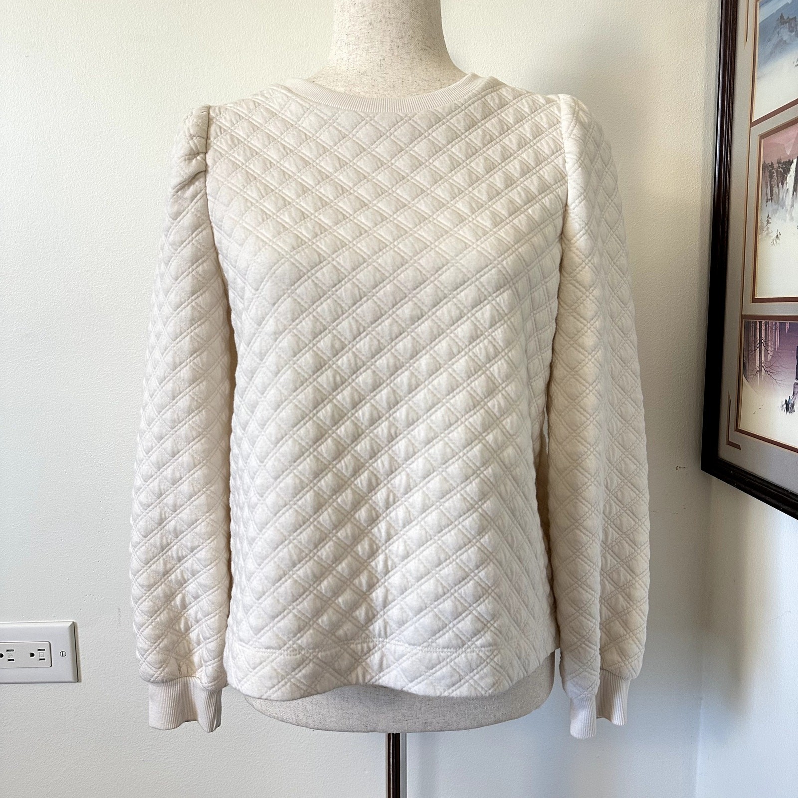 LOFT Quilted Puff Sleeve Top Blouse Long Sleeve Petite S Ivory White Minimalist