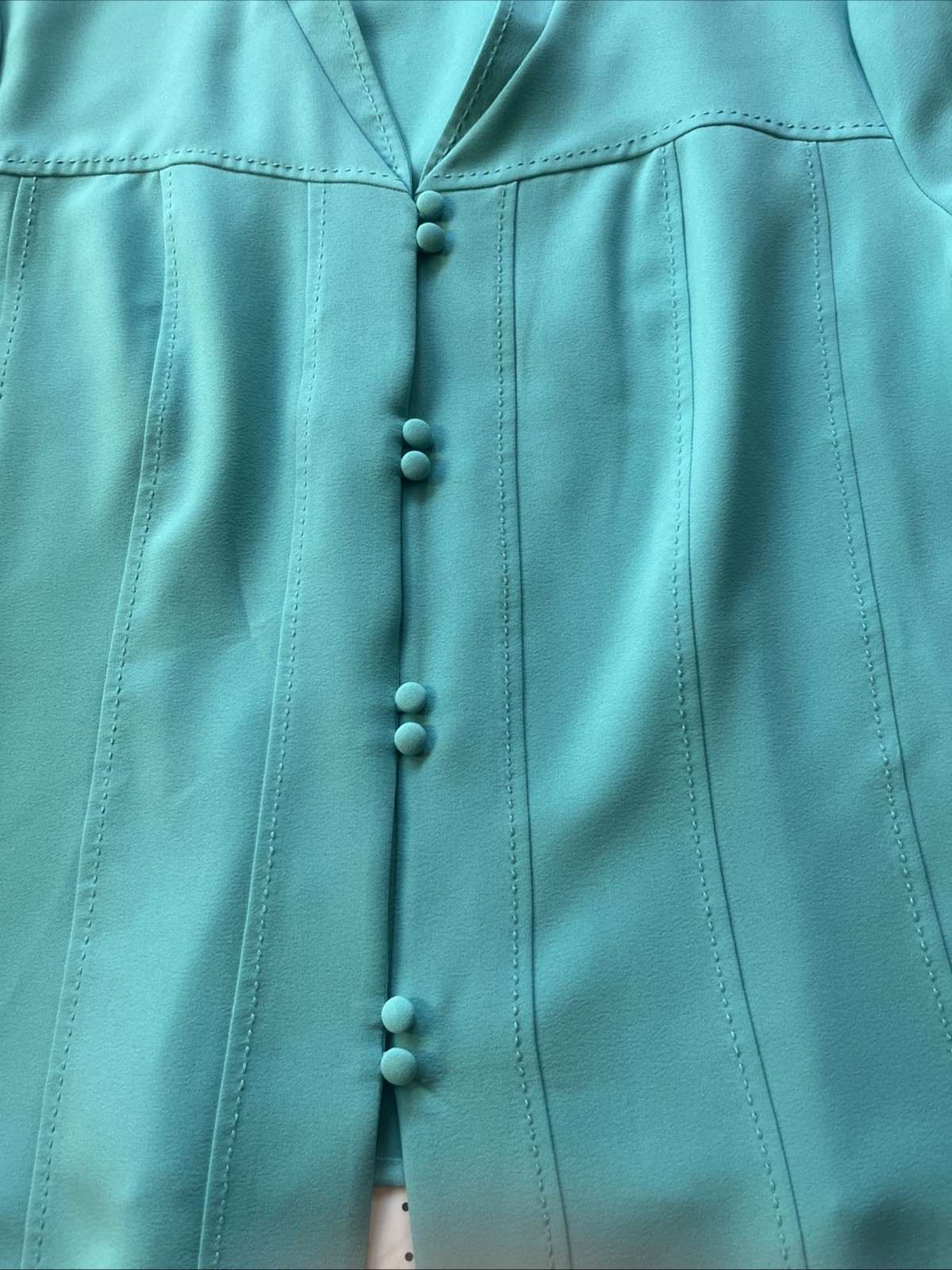 Vintage Turquoise Blouse L Covered Button Front Stretch Career Top Lagoon Blue