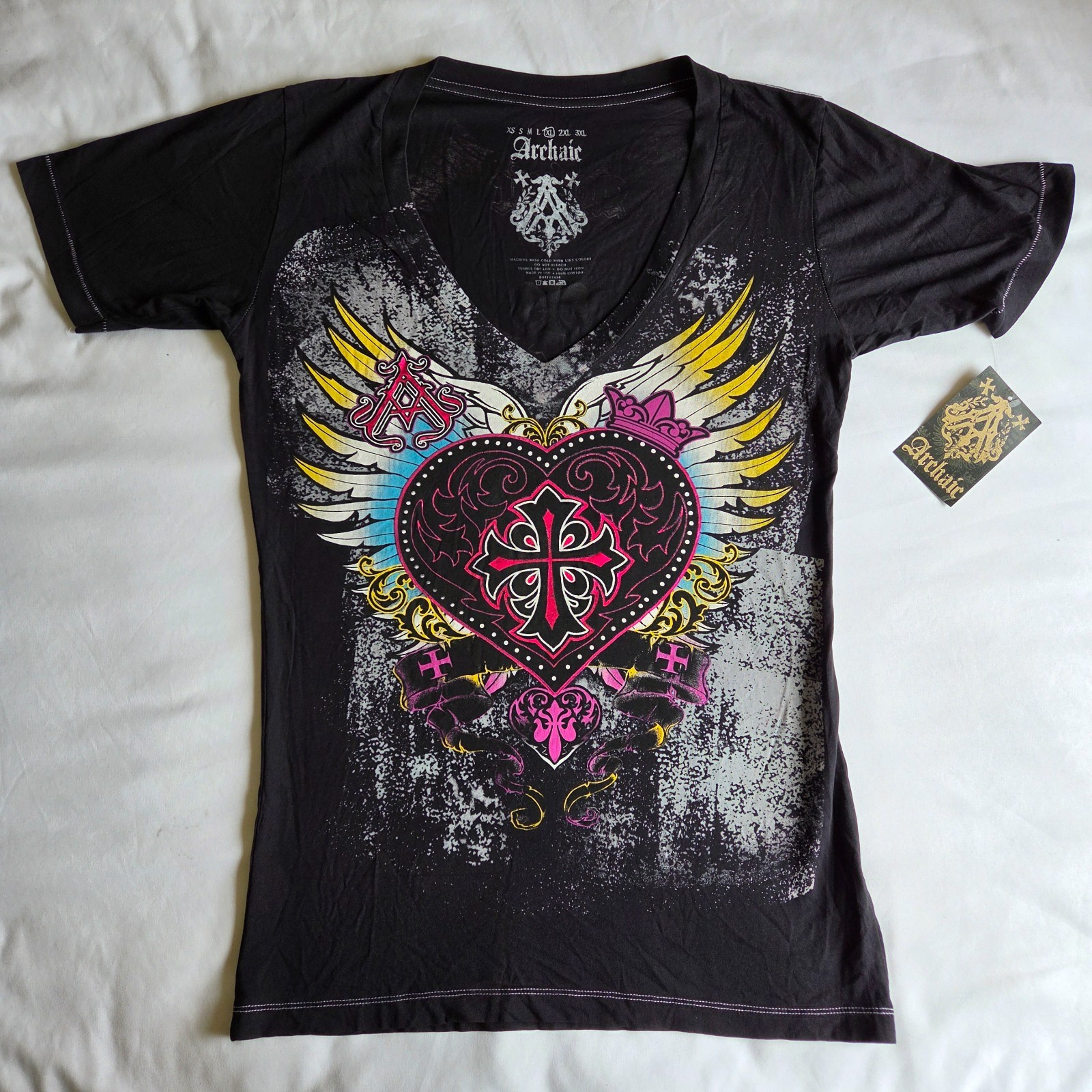 Archaic By Affliction Darling Y2K Grunge Biker Black XL V-Neck Graphic T-Shirt
