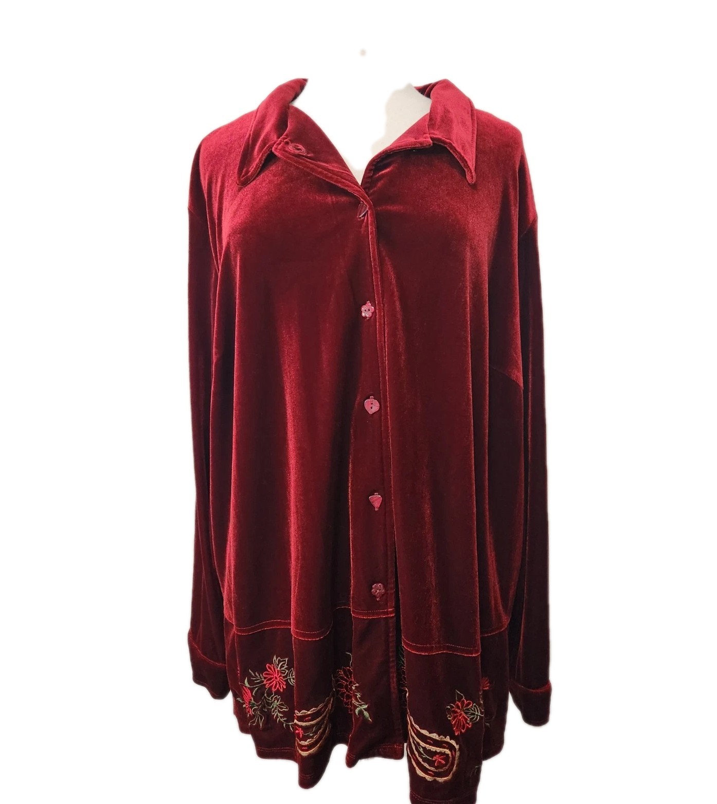 Studio Ease Burgandy Velour Top Blouse 24W Floral Embroidered Hem Button Accents