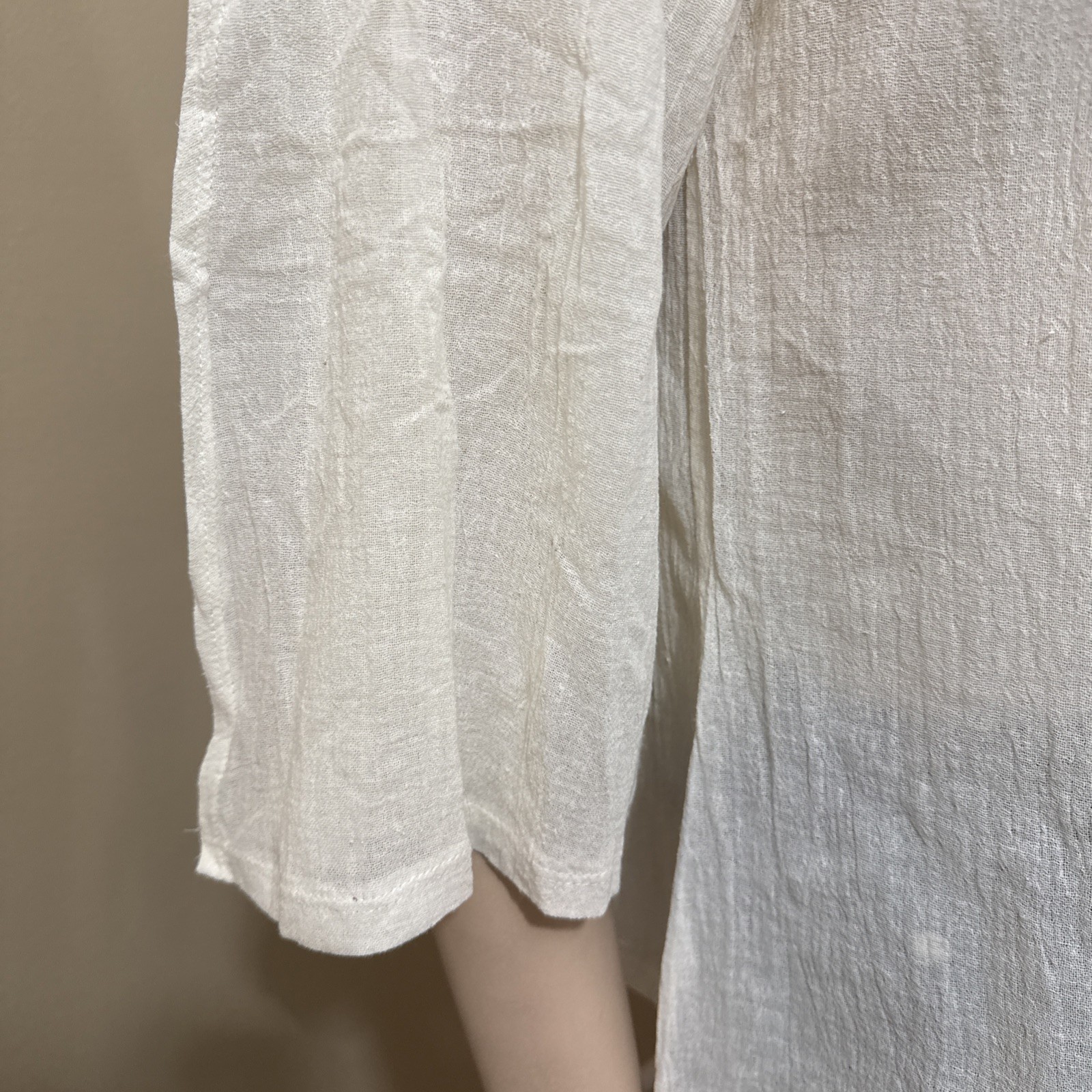 Women’s Ivory Cotton Casual Boho Lace Long Sleeve Slit Tied Size M Blouse Top