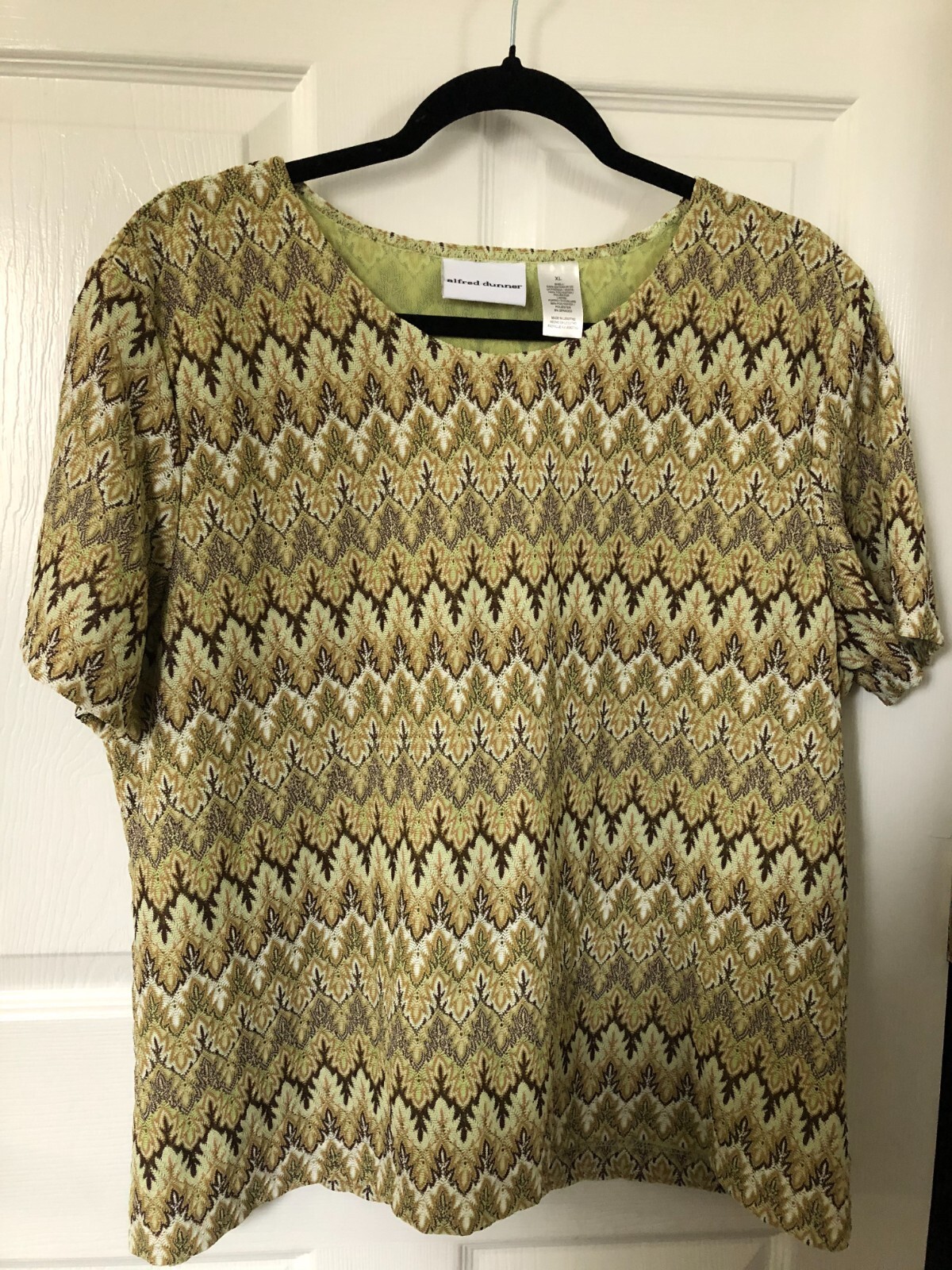 Alfred Dunner Shirt Womens XL Green Beige Brown Short Sleeves Tunisia Geometric