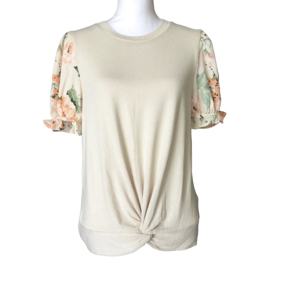 AUW Womens Knot Hem Top L Short Balloon Sleeve Lightweight Tan Body/Floral
