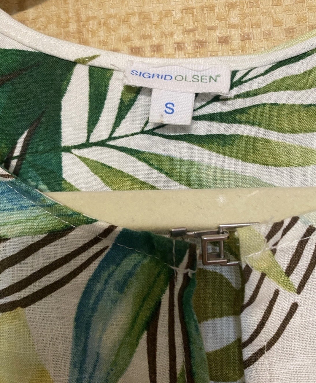 Sigrid Olsen Blouse Round Neck 3/4 Puff Sleeve Tropical Linen Rayon S