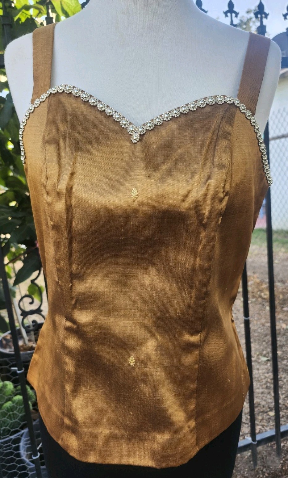 Cambodian/Khmer Silk Blouse Top Brown with Flower Gold Rhinestone Size M