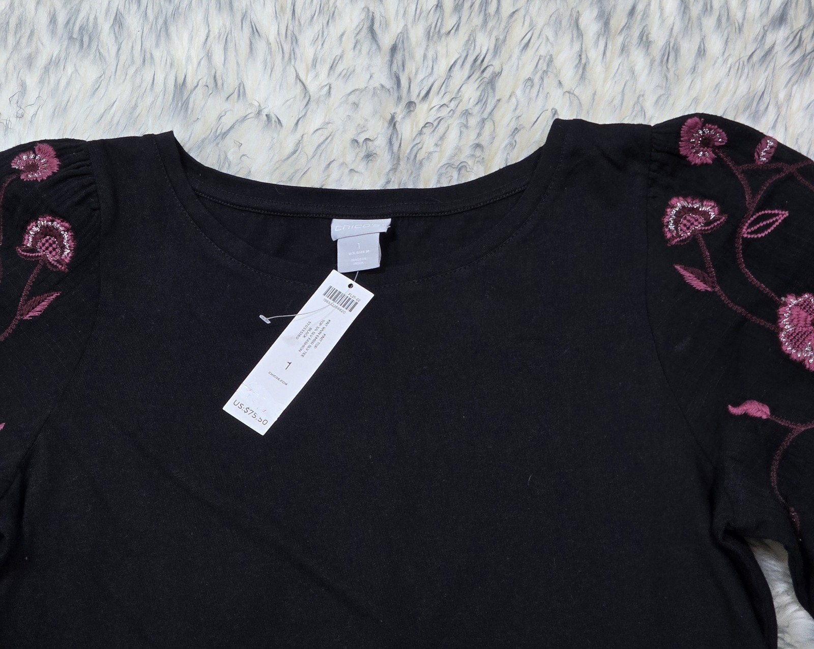 NWT CHICO’S JERSEY TOP WITH WOVEN EMBROIDED3/4 SLEEVES BLACK/ MULTI Sz 1 US M