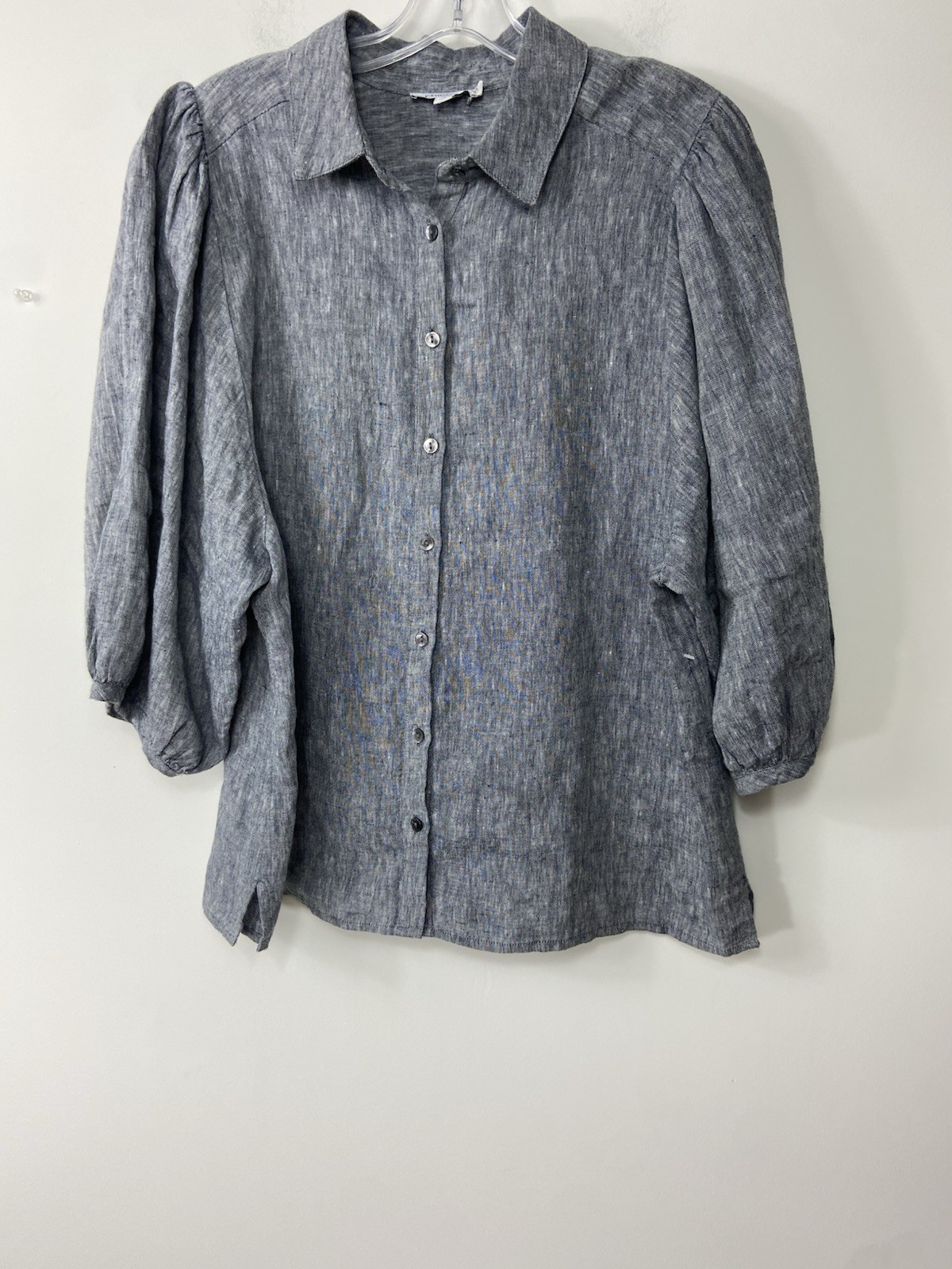 Chico’s Sz 2,5 US 14 Blue Chambray Puff Balloon Sleeves Button Front Linen Shirt