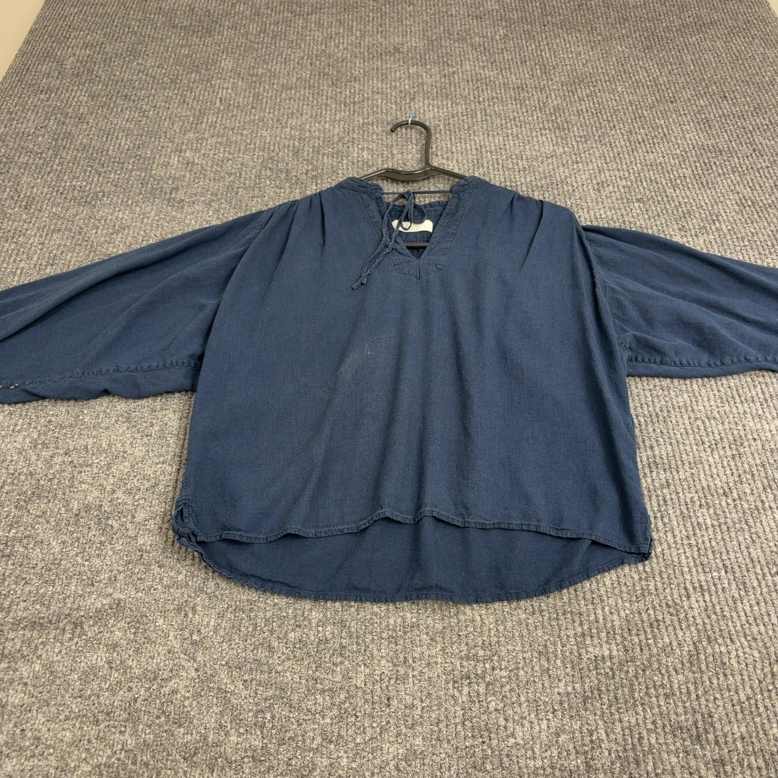 Uniqlo Blouse Womens XS Blue Linen Rayon Peasant Tie Neck Boho Casual