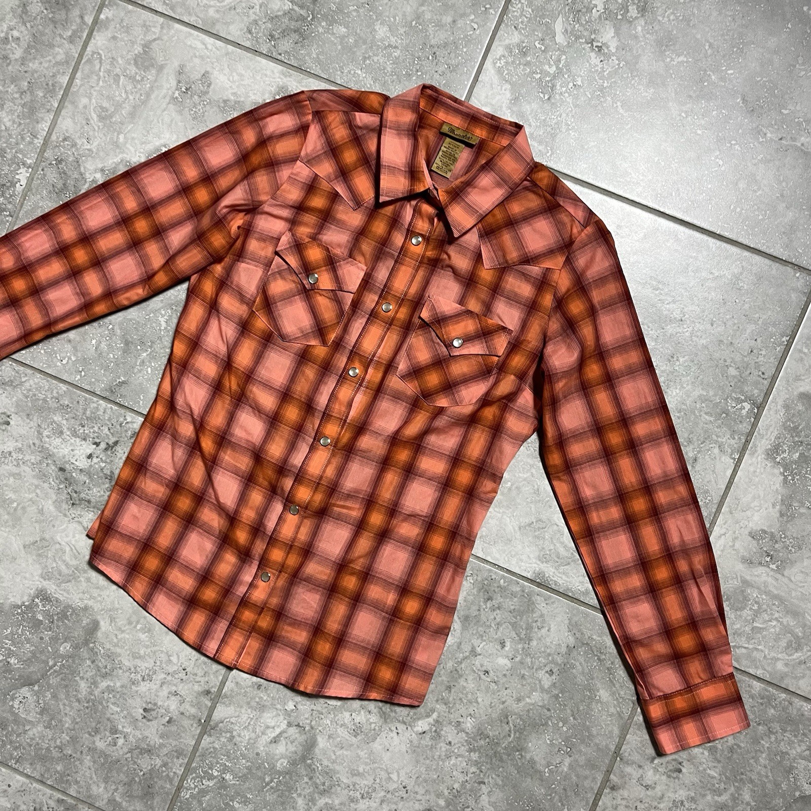 Wrangler Button Pearl Snap Shirt Long Sleeve Orange Plaid Western New Womens S