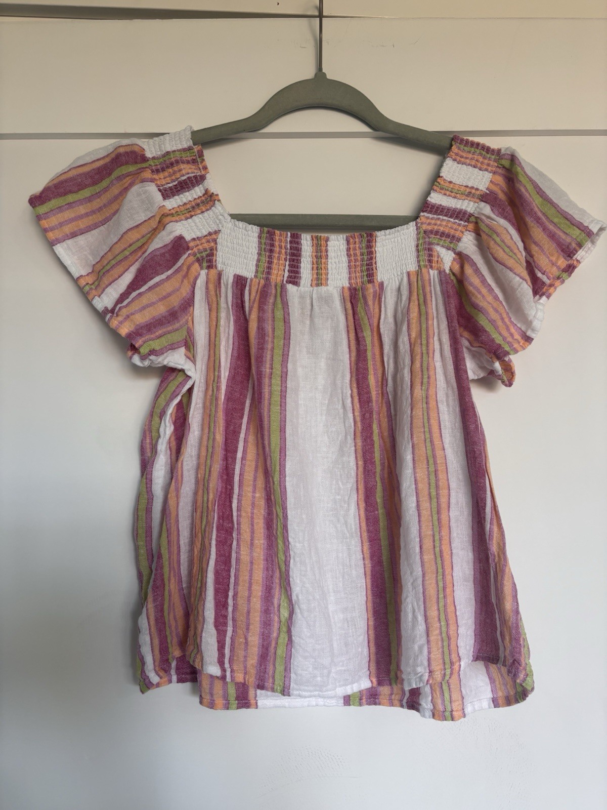 Rails Women’s XS Striped Smocked Square Neck Flutter Sleeve Cotton Blouse