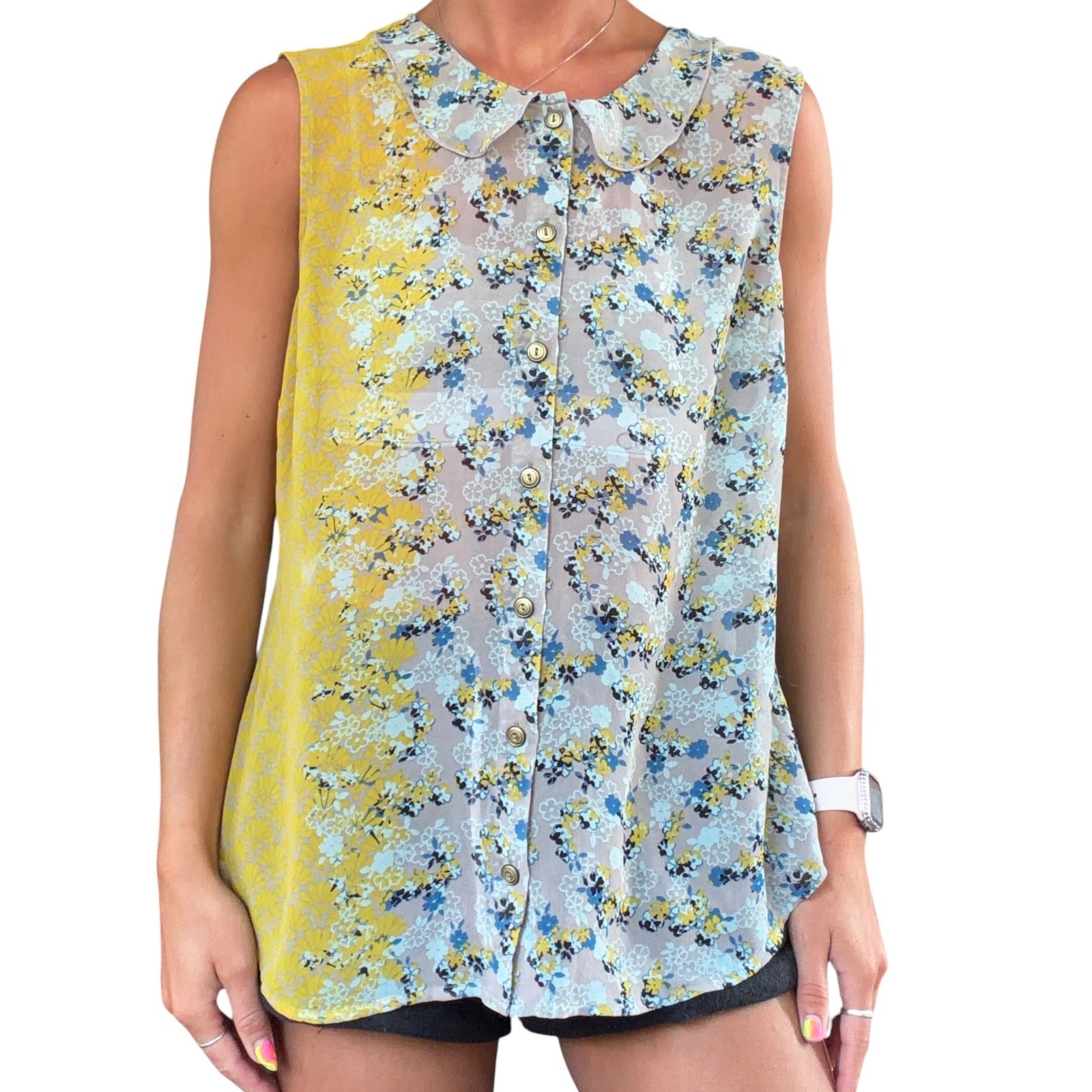 Cabi Womens M Yellow Blue Gray Mix Floral Button Sleeveless Offsides Blouse 5221