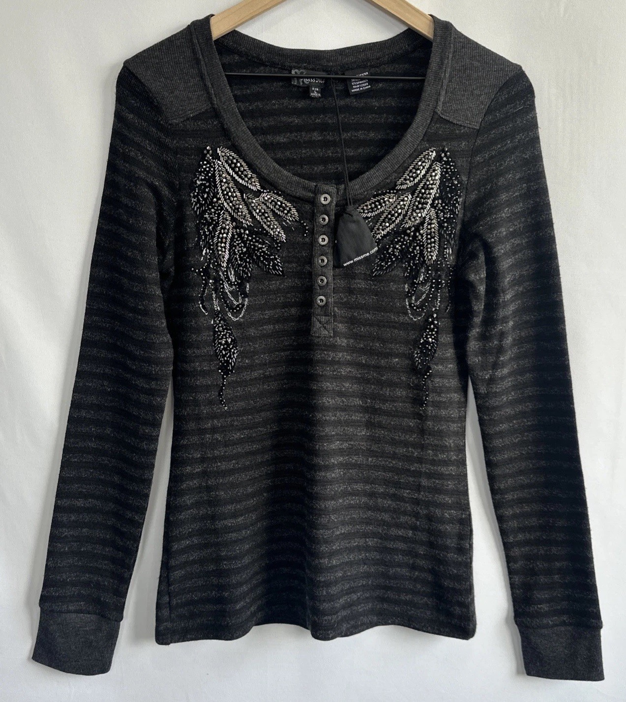 Miss Me Bedazzled Beaded Y2K Black Grey Striped Henley Top Women’s L Goth Grunge