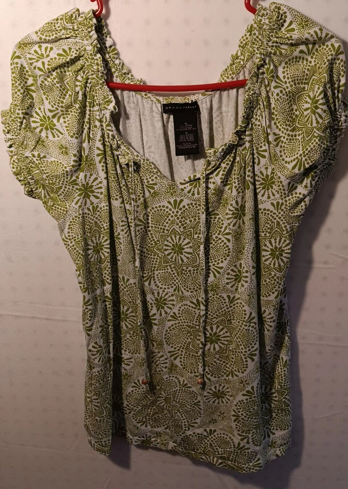 Grace Elements top M Chevron Peasant Summer Shirt Green and White Woman’s 70s