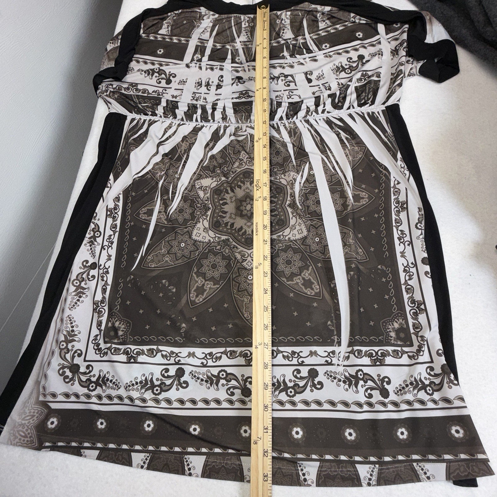 Mi Manchi XL 1X Brown Cream Paisley Tunic Top V Neck Dolman Short Sleeve USA
