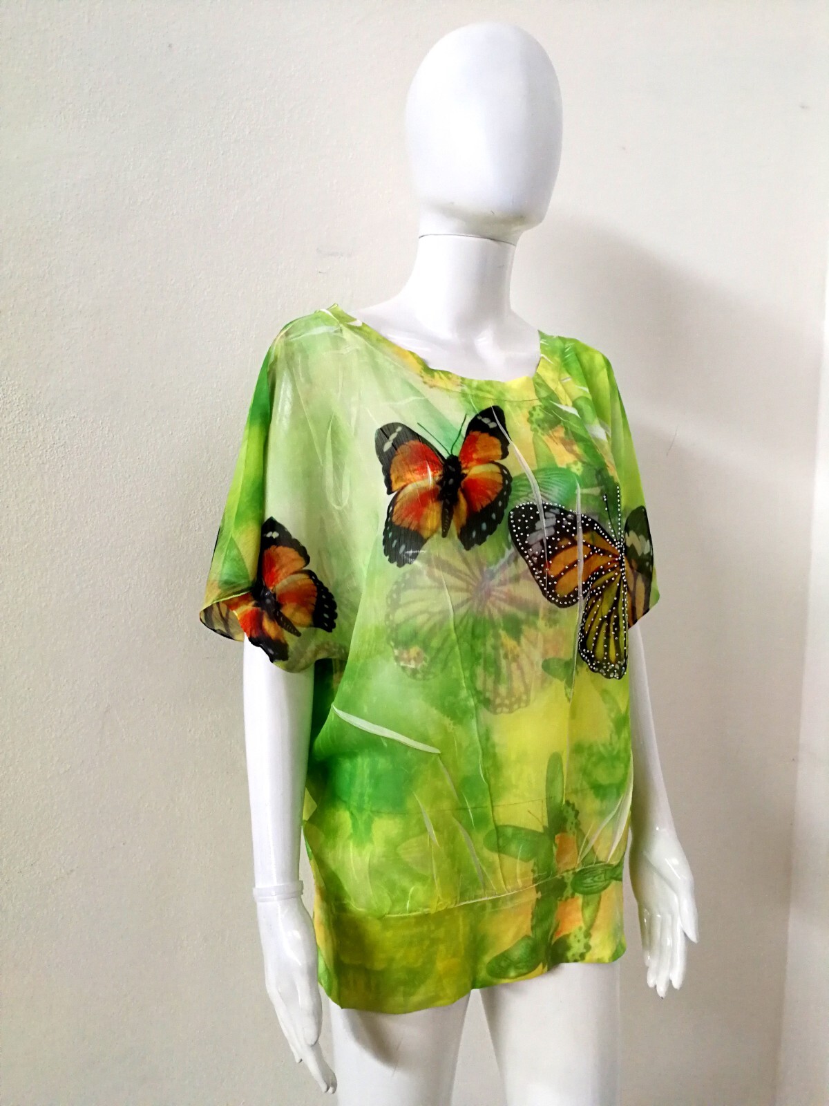 Green Blouse Short Sleeve Top Crop Graphic Print Pattern Butterfly Haute Couture