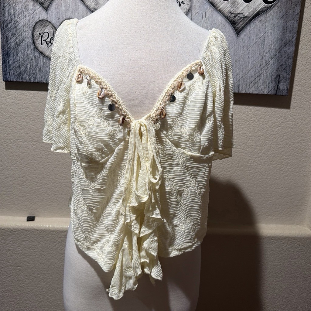 Ivory Sheer Mesh Floral Square Neck Tie Front Ruffle Flutter Sleeve Blouse XL